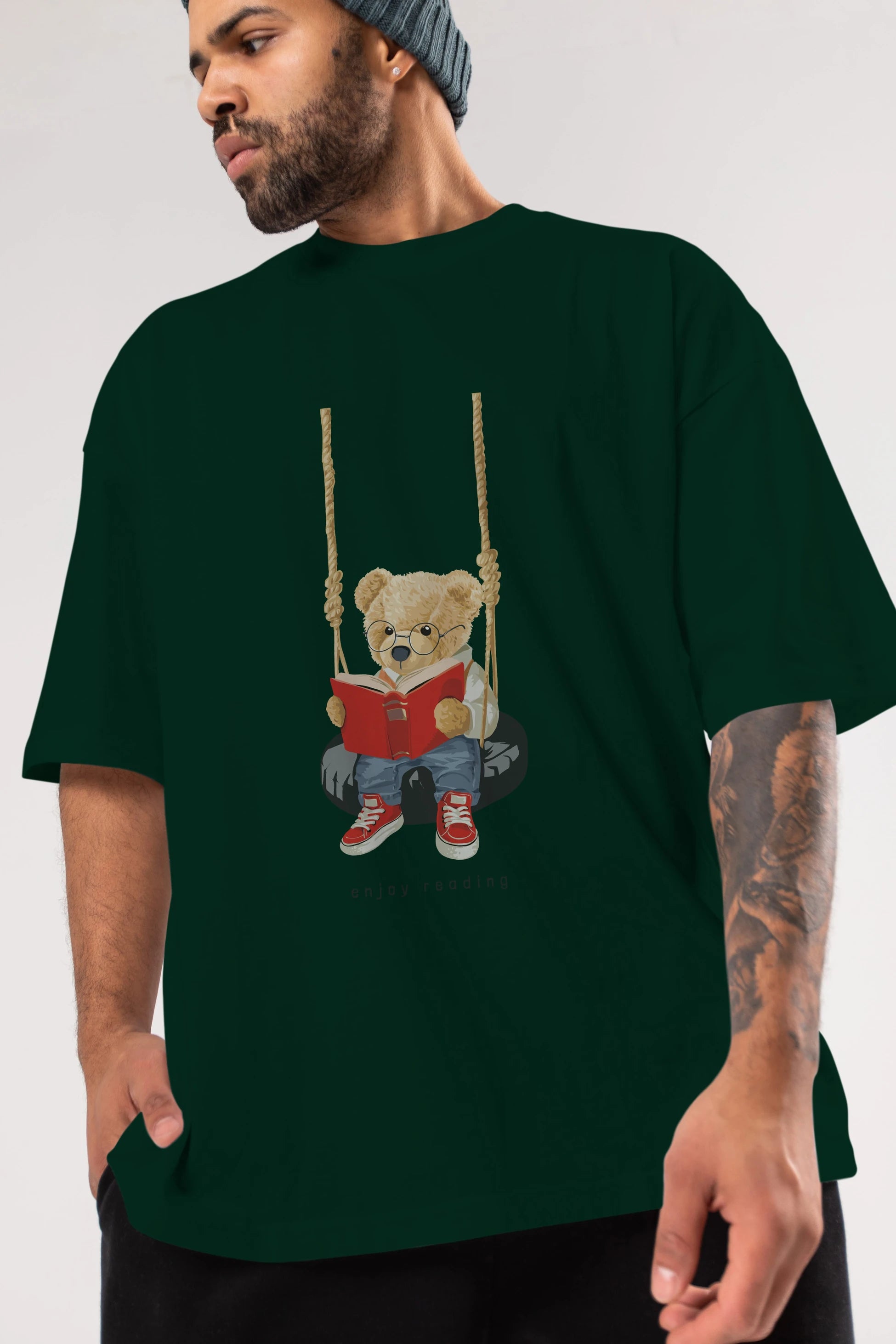 Teddy Bear Enjoy Reading Ön Baskılı Oversize t-shirt Erkek Kadın Unisex %100 Pamuk