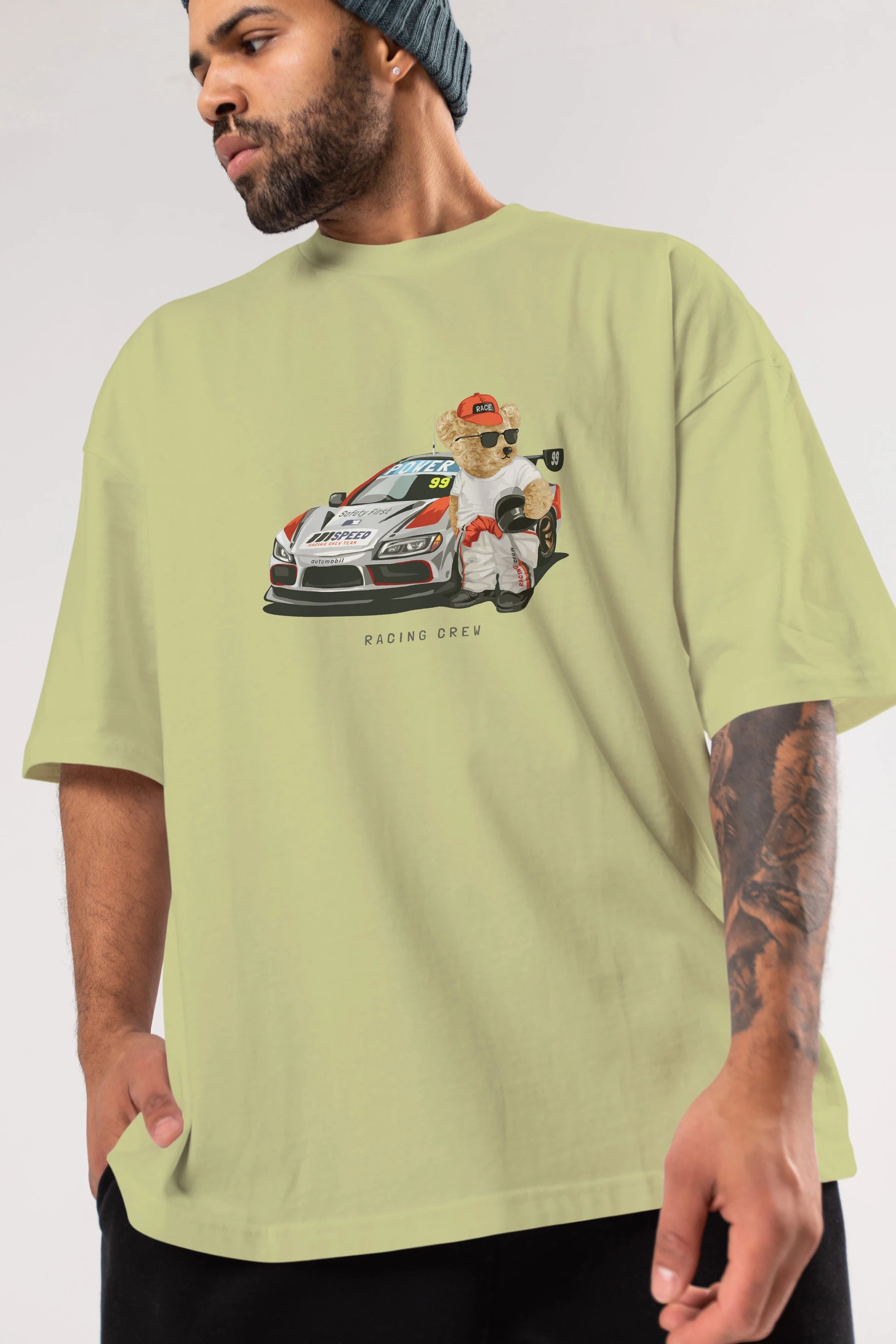 Teddy Bear Racing Crew Ön Baskılı Oversize t-shirt Erkek Kadın Unisex %100 Pamuk
