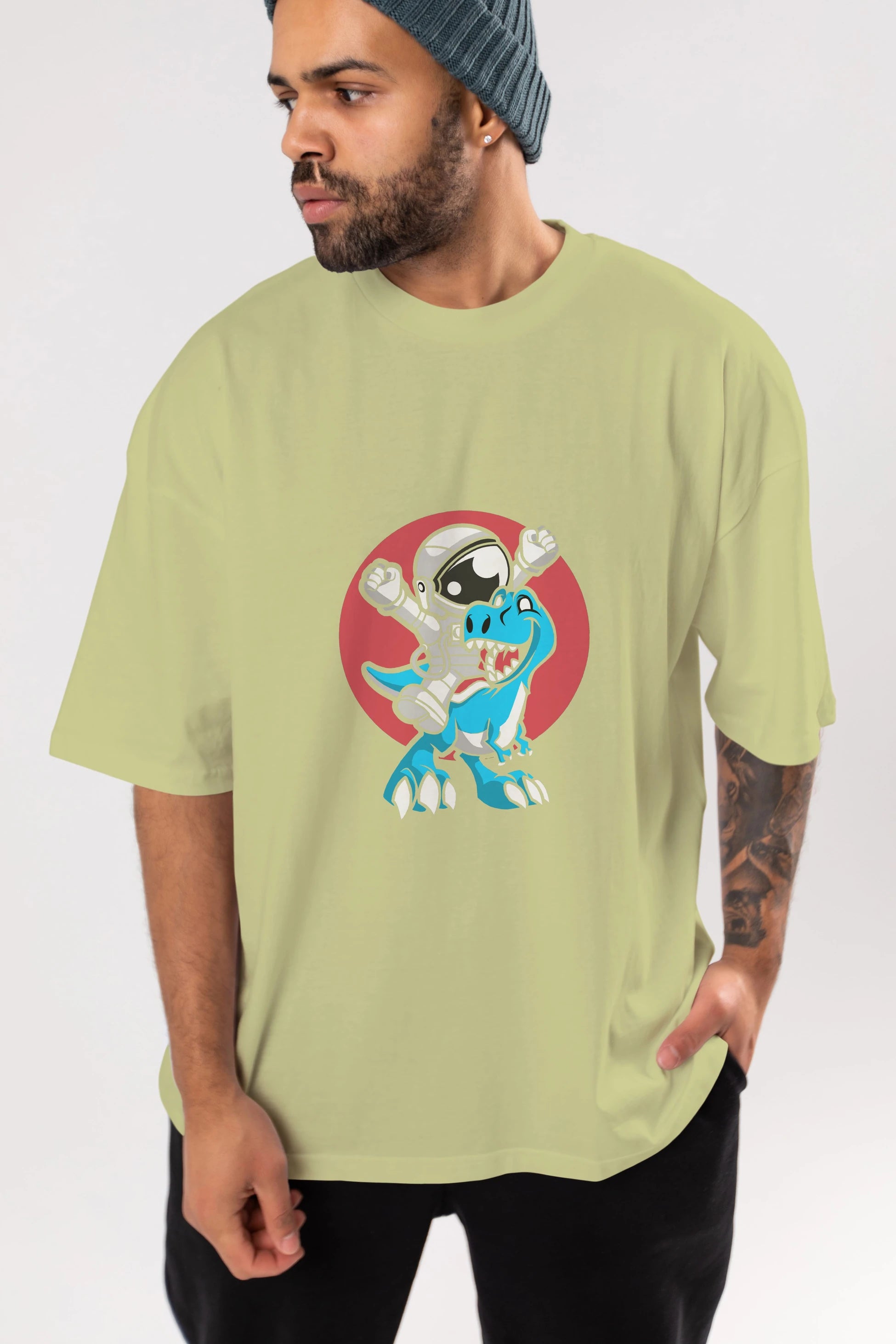 Astronaut Dino Ön Baskılı Oversize t-shirt Erkek Kadın Unisex %100 Pamuk tişort