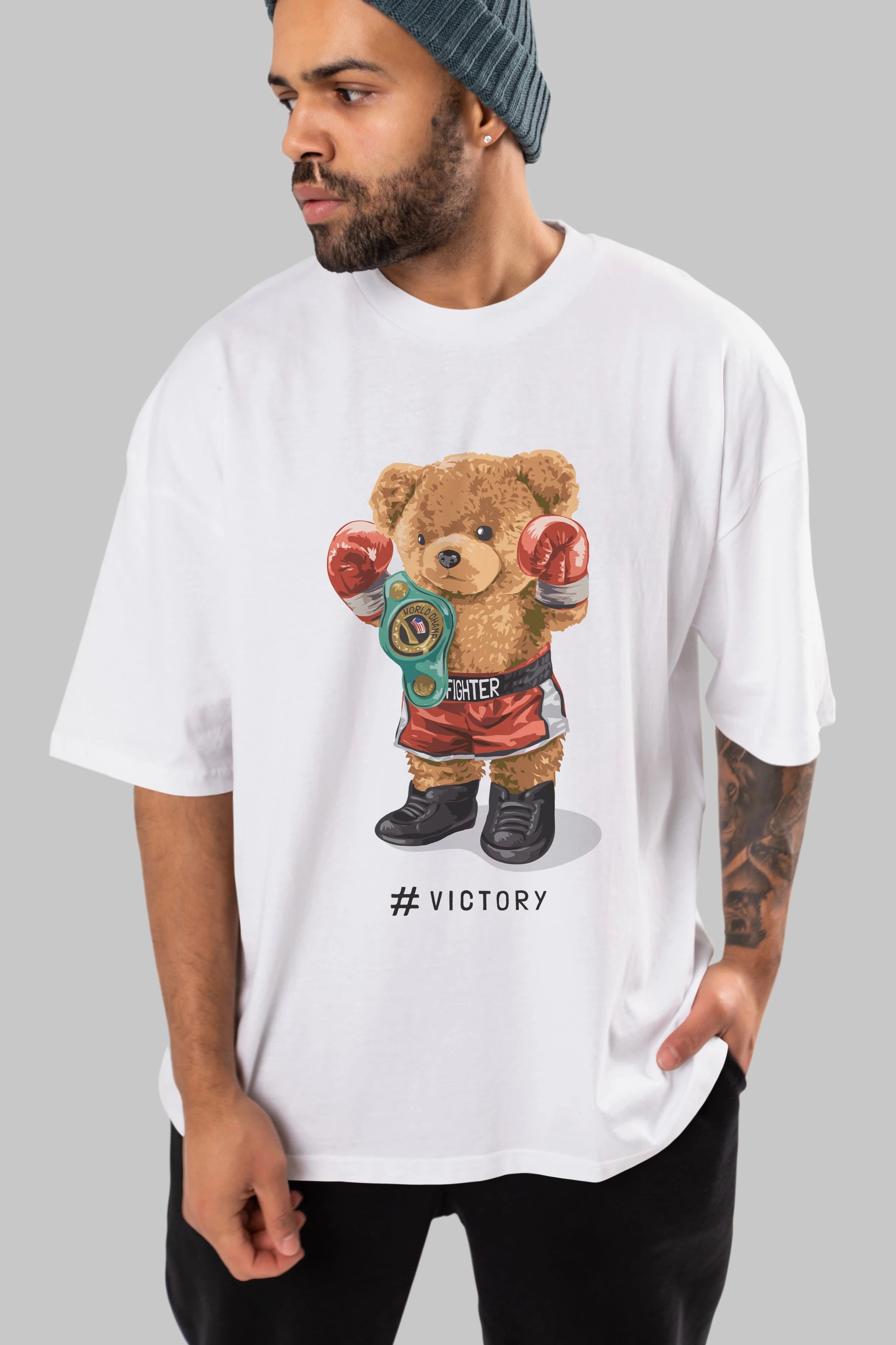 Teddy Bear Victory Ön Baskılı Oversize t-shirt Erkek Kadın Unisex %100 Pamuk