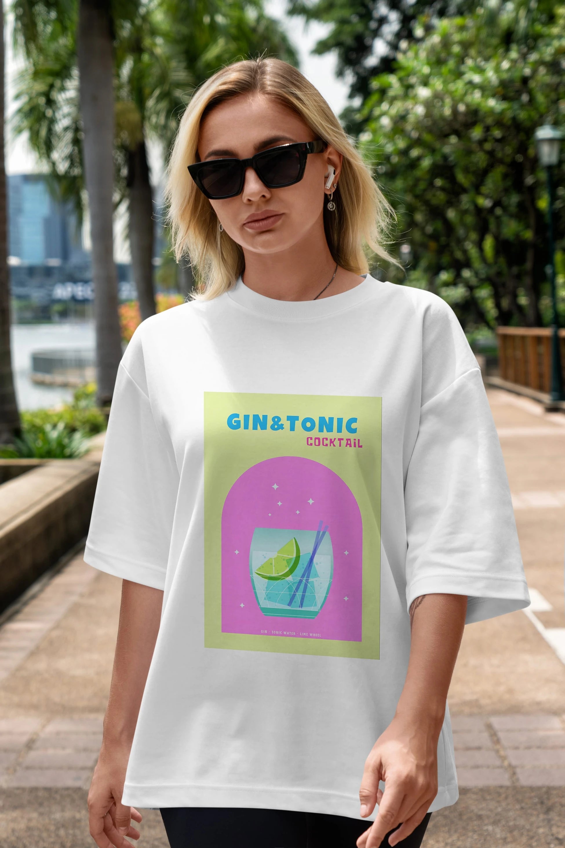 Gin Tonic Cocktail Ön Baskılı Oversize t-shirt Erkek Kadın Unisex %100 Pamuk Bisiklet Yaka tişort