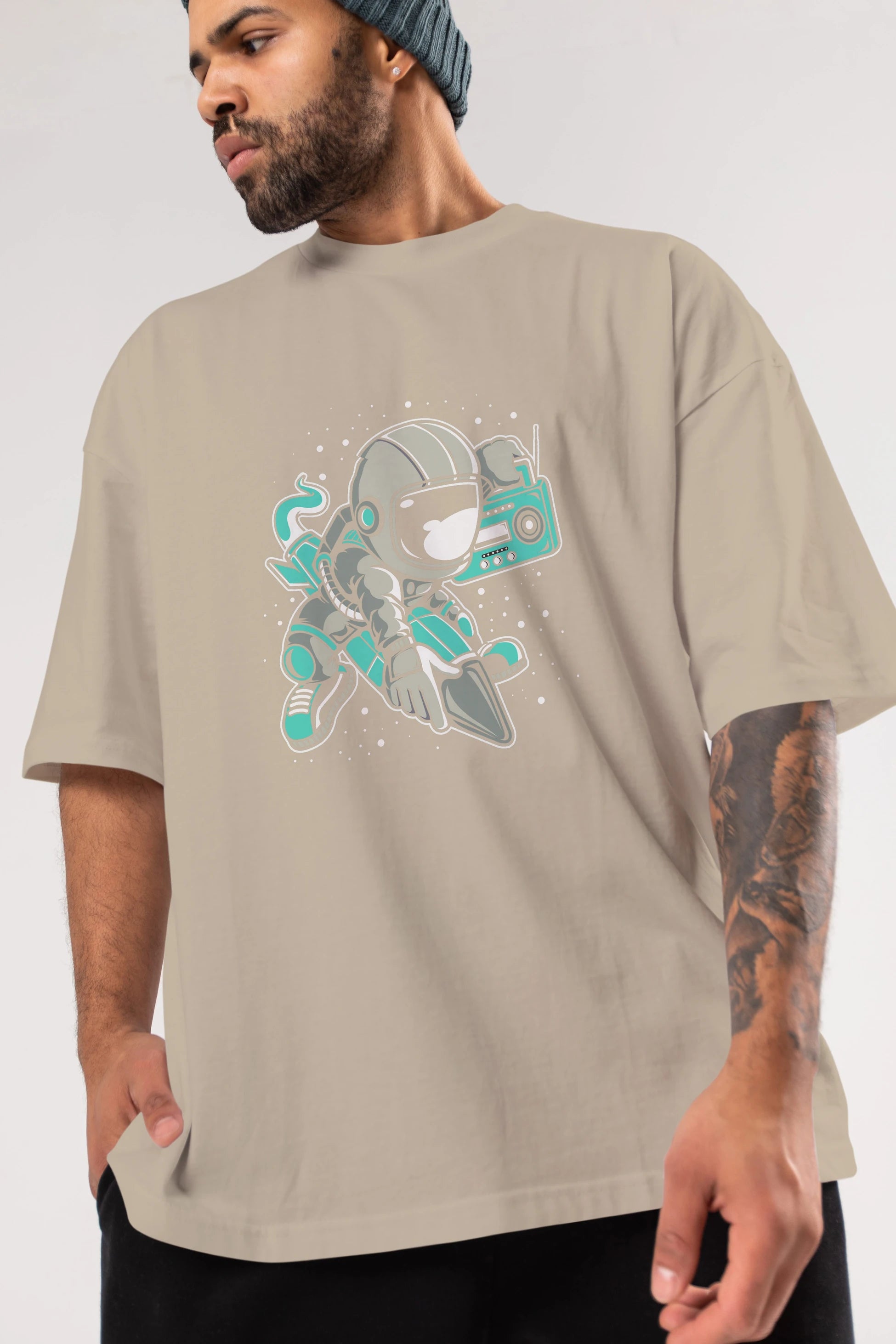 Astronaut Rocket (2) Ön Baskılı Oversize t-shirt Erkek Kadın Unisex