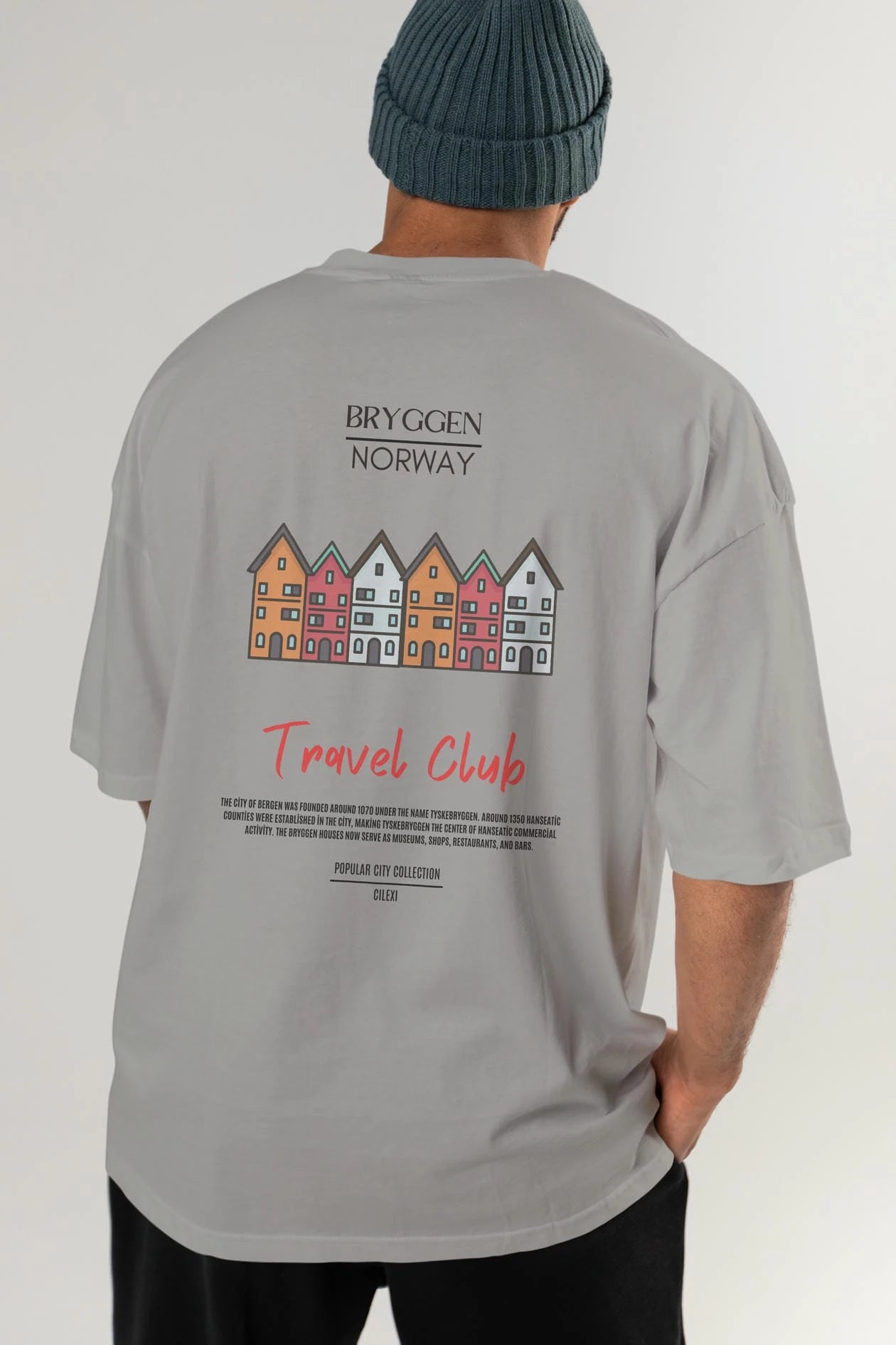 Bryggen Norway Arka Baskılı Oversize t-shirt Erkek Kadın Pamuk Bisiklet Yaka tişort