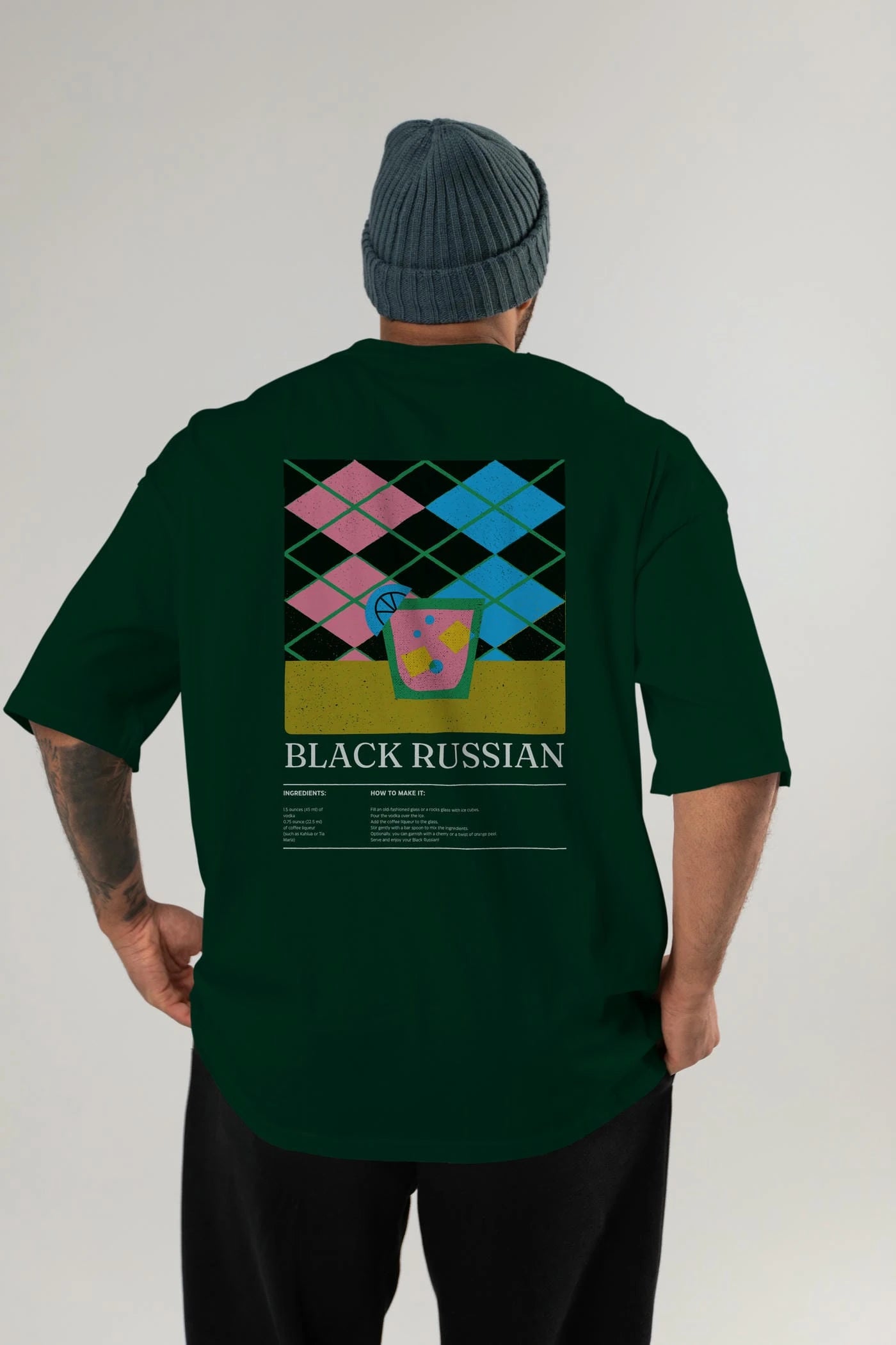 Black Russian Kokteyl Serisi Arka Baskılı Oversize t-shirt Erkek Kadın %100 Pamuk Bisiklet Yaka tişort