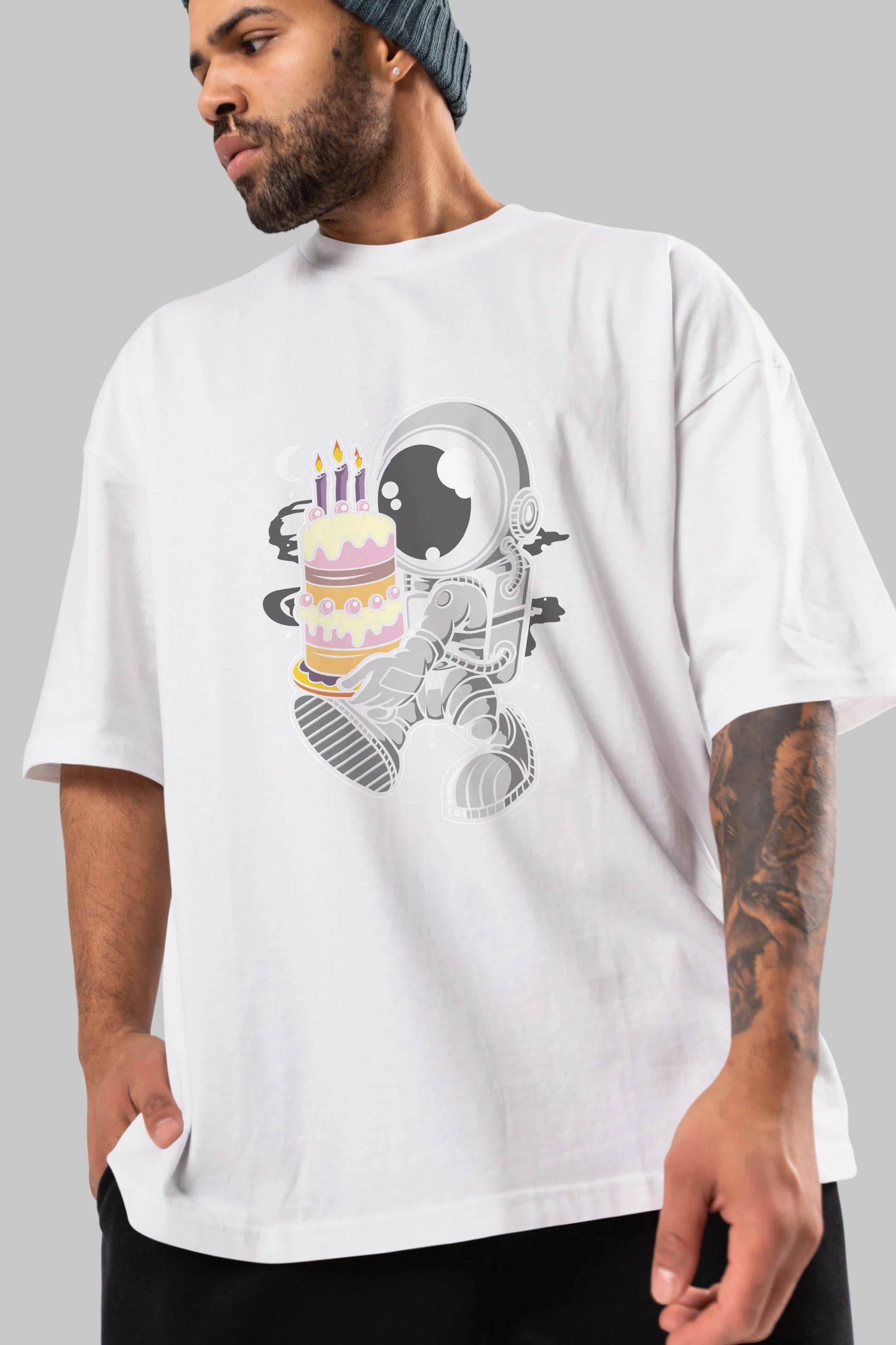 Astronaut Birthday Cake Ön Baskılı Oversize t-shirt Erkek Kadın Unisex
