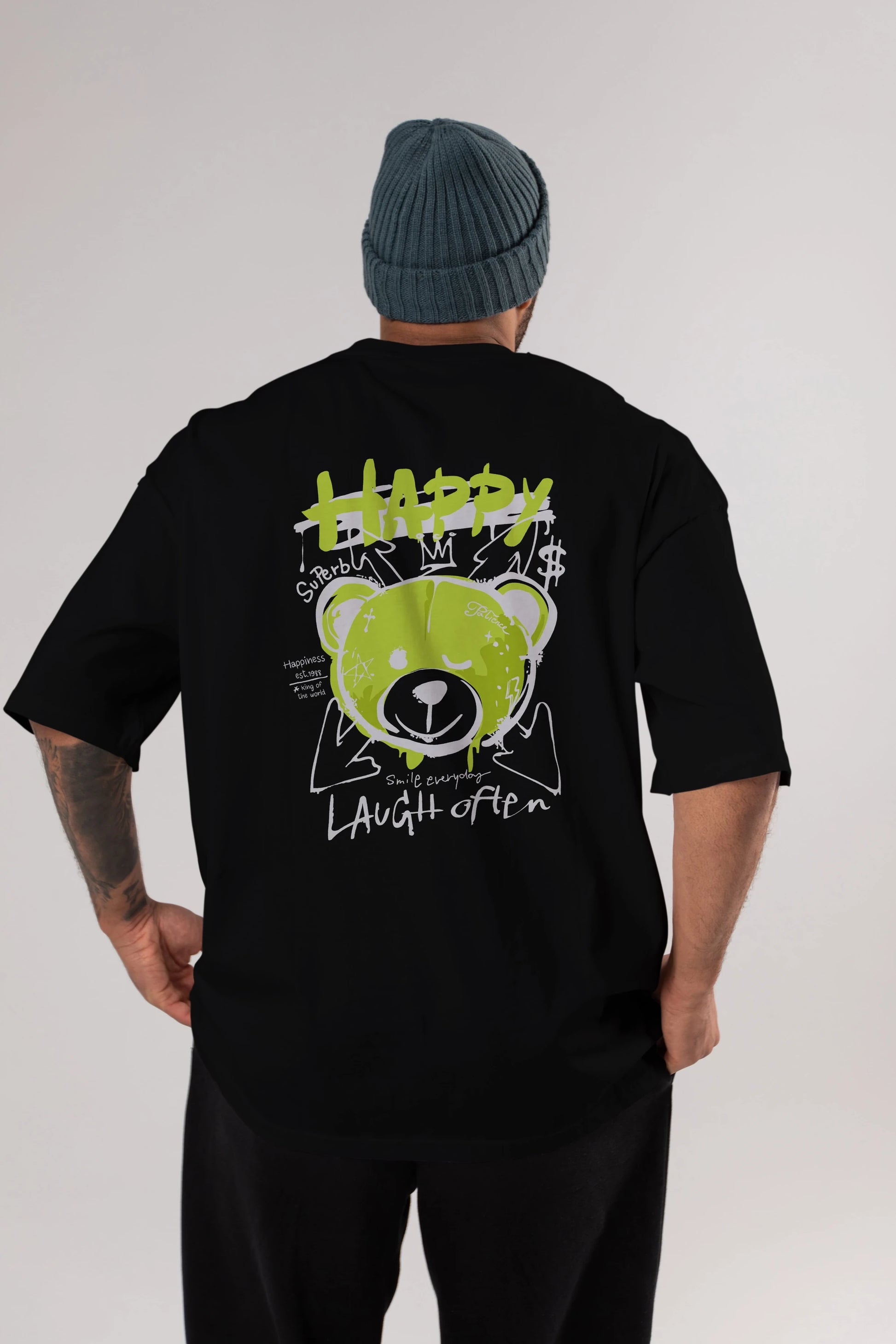 Happy Bear Arka Baskılı Oversize t-shirt Erkek Kadın Unisex