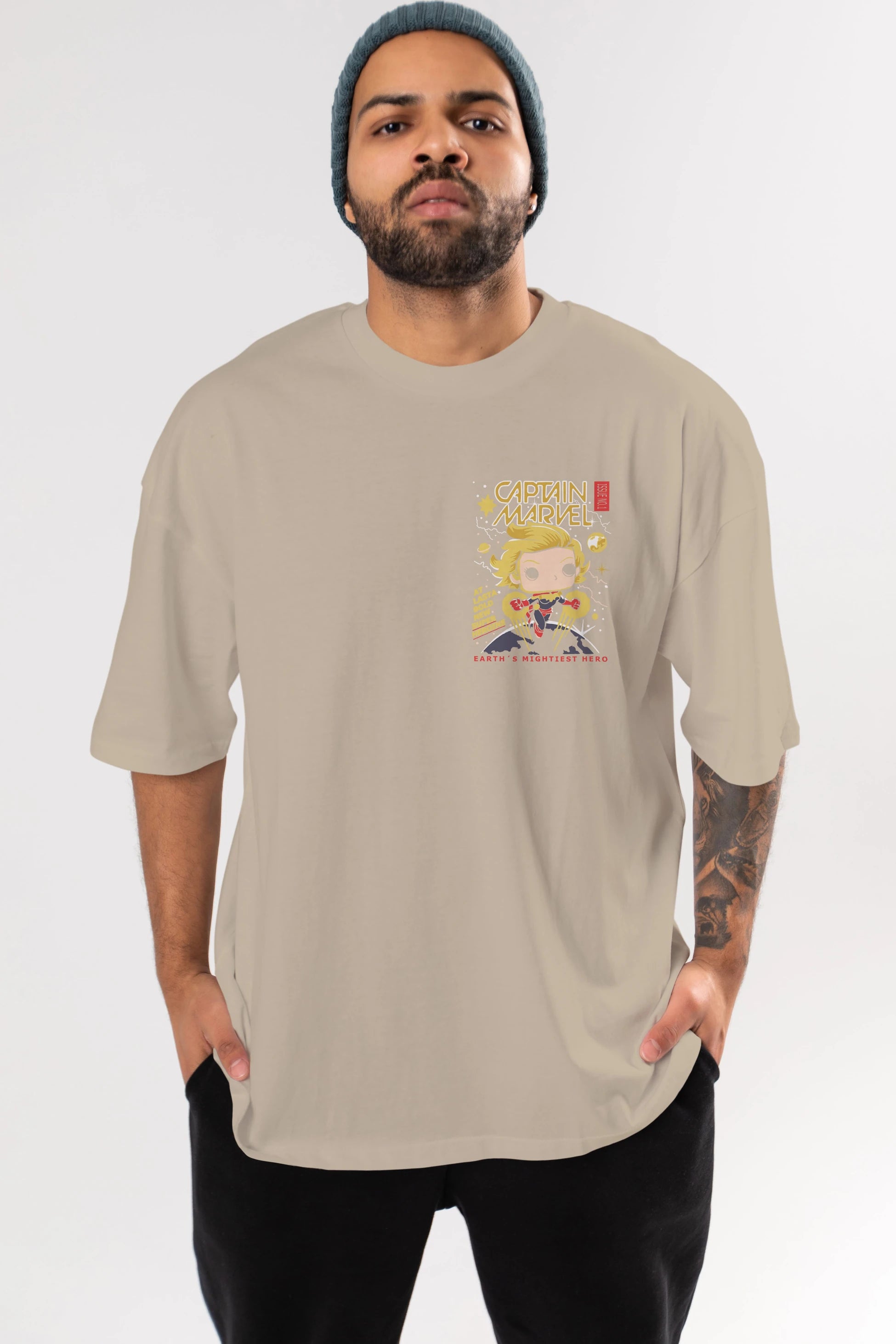 Captain Marvel Ön Sol Baskılı Oversize t-shirt Erkek Kadın Unisex %100 Pamuk Bisiklet Yaka tişort