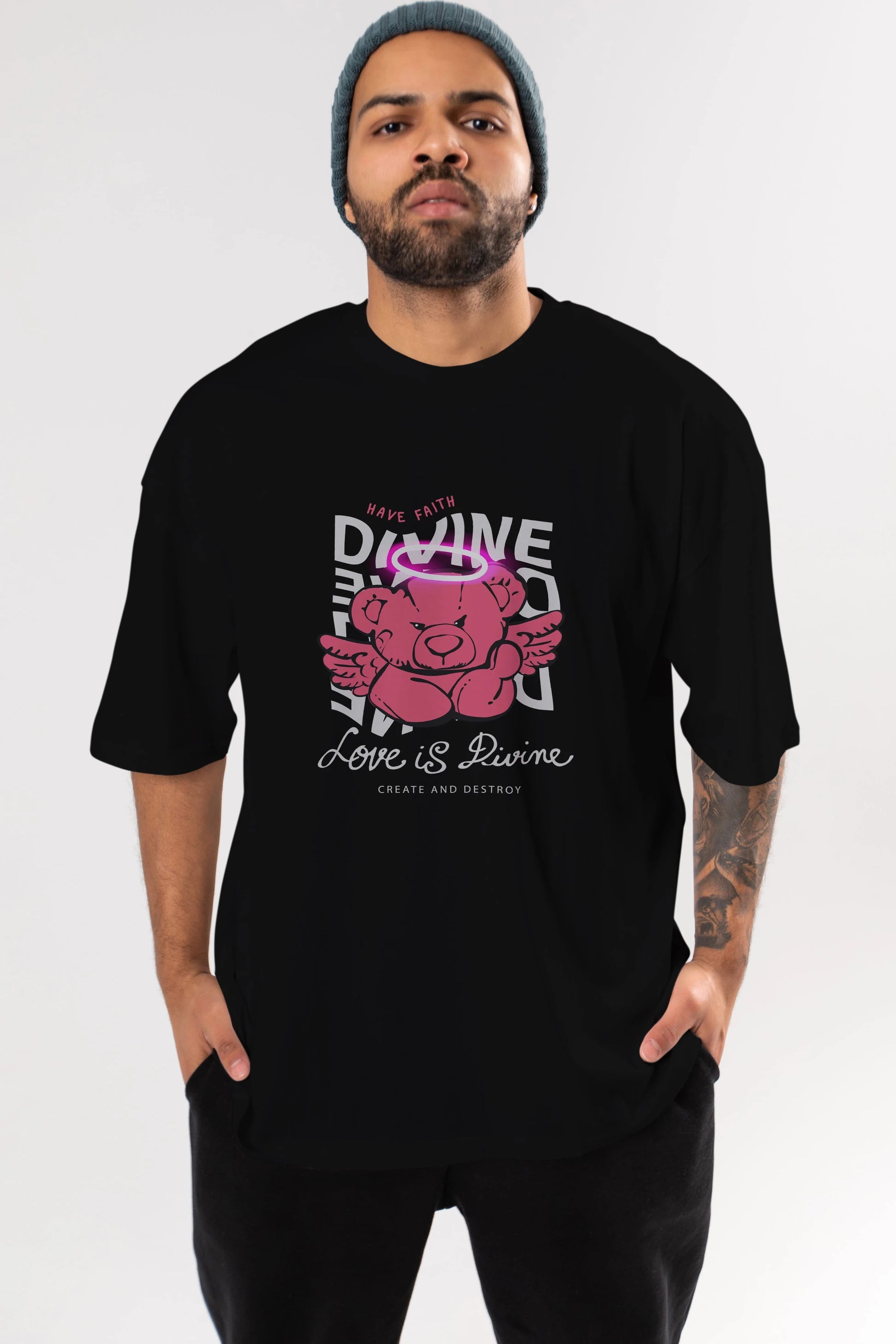Love is Divine Bear Ön Baskılı Oversize t-shirt Erkek Kadın Unisex