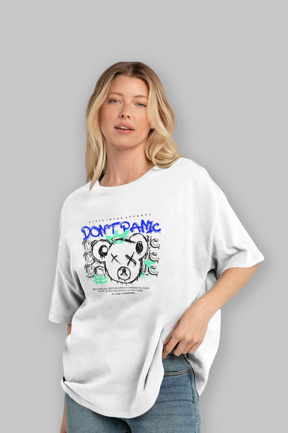 Teddy Bear Dont Panic Ön Baskılı Oversize t-shirt Erkek Kadın Unisex