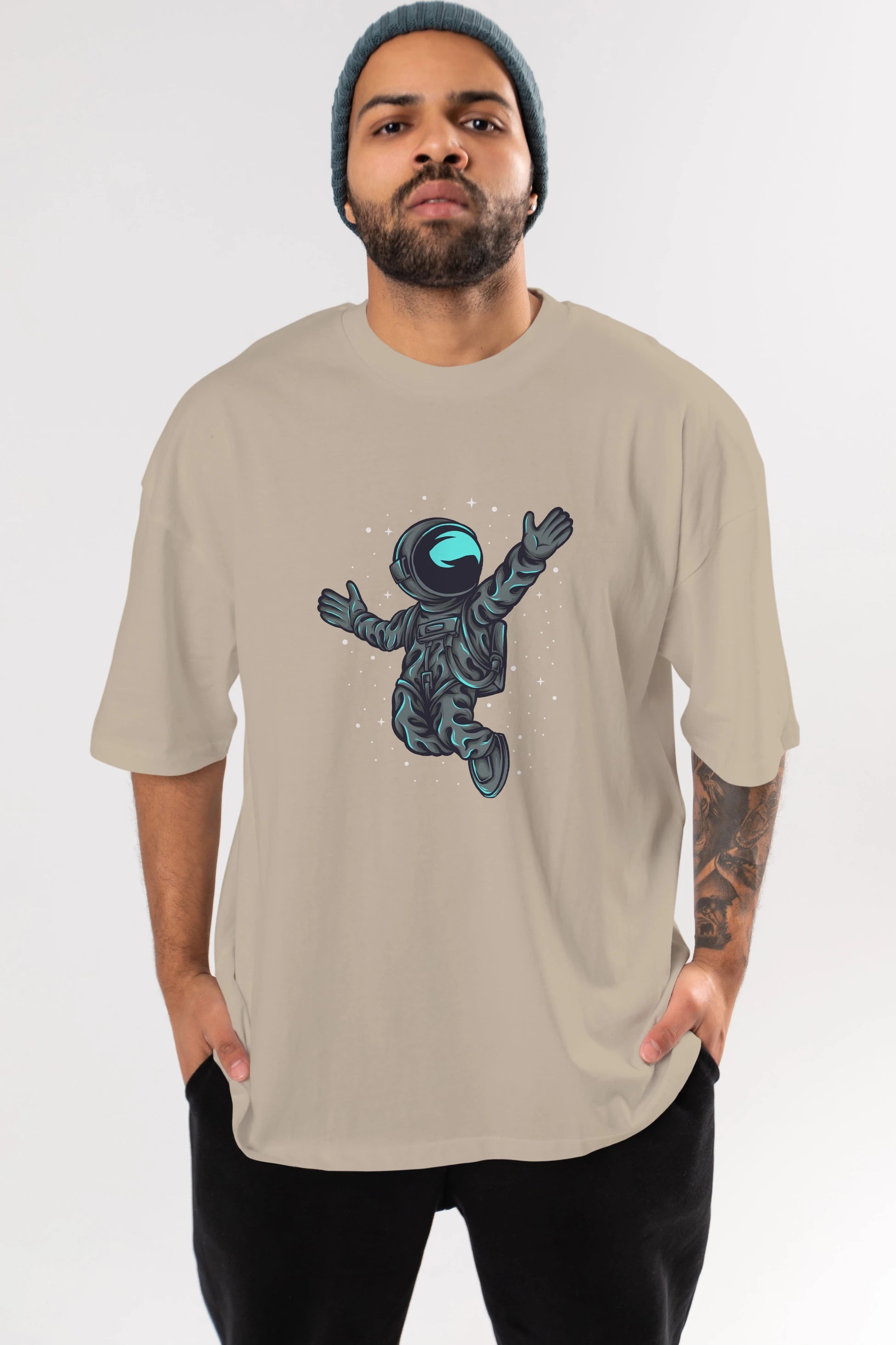 Happy Astronaut Ön Baskılı Oversize t-shirt Erkek Kadın Unisex