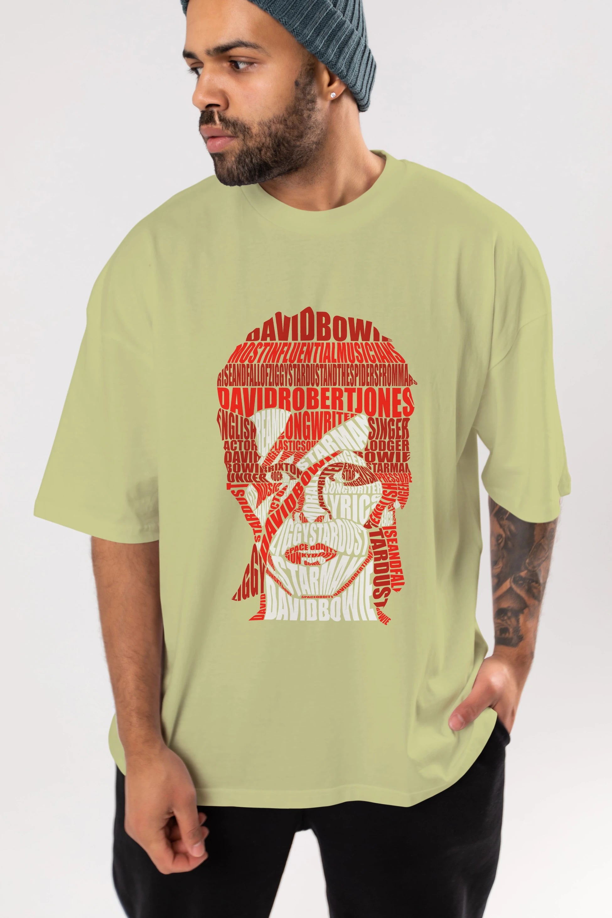 David Bowie Calligram Ön Baskılı Oversize t-shirt %100 pamuk Erkek Kadın Unisex