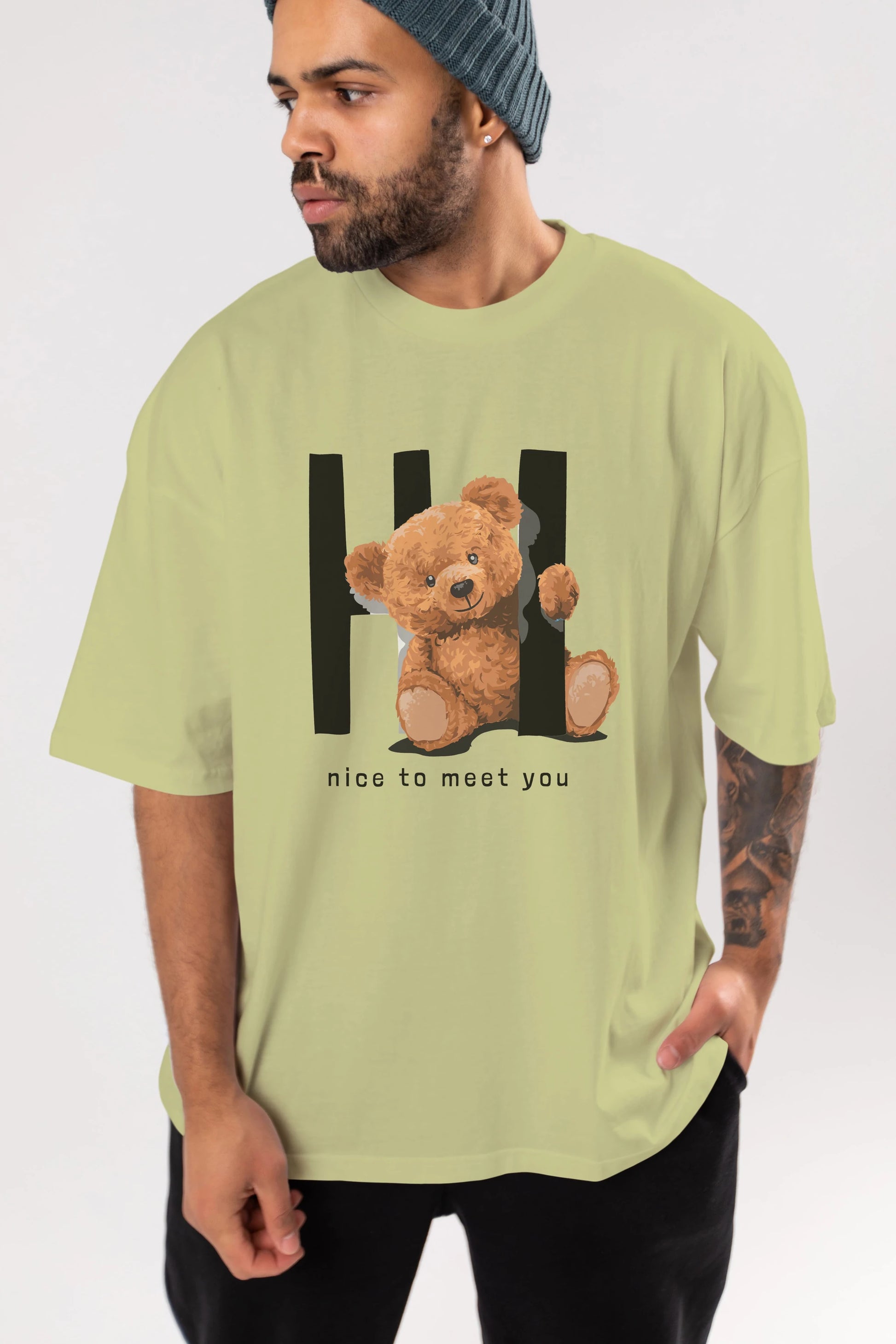 Teddy Bear Hi Nice To Meet You Ön Baskılı Oversize t-shirt Erkek Kadın Unisex %100 Pamuk