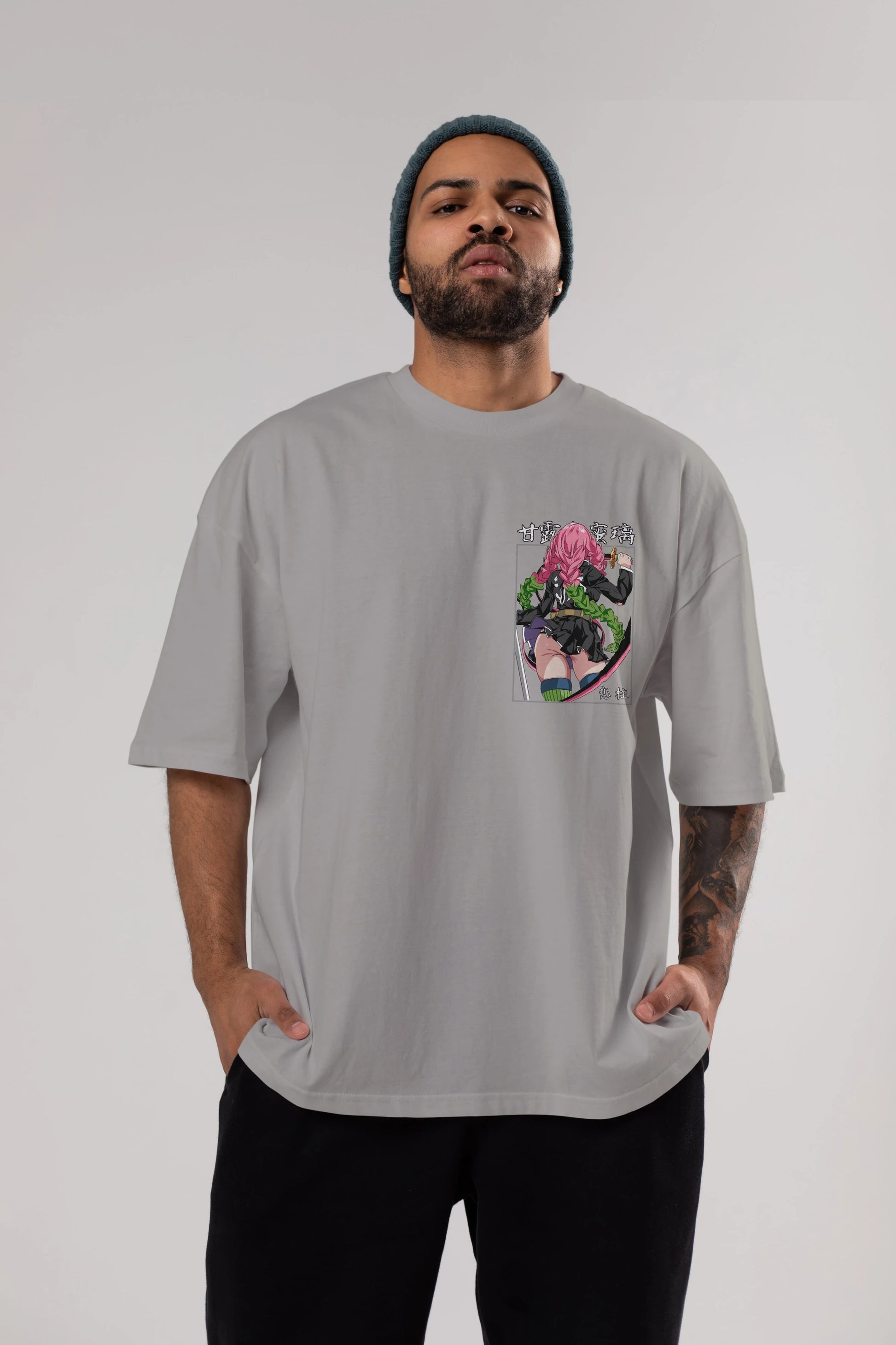 Mitsuri DEMONSLAYER Ön Sol Baskılı Oversize t-shirt Erkek Kadın Unisex %100 Pamuk Bisiklet Yaka tişort