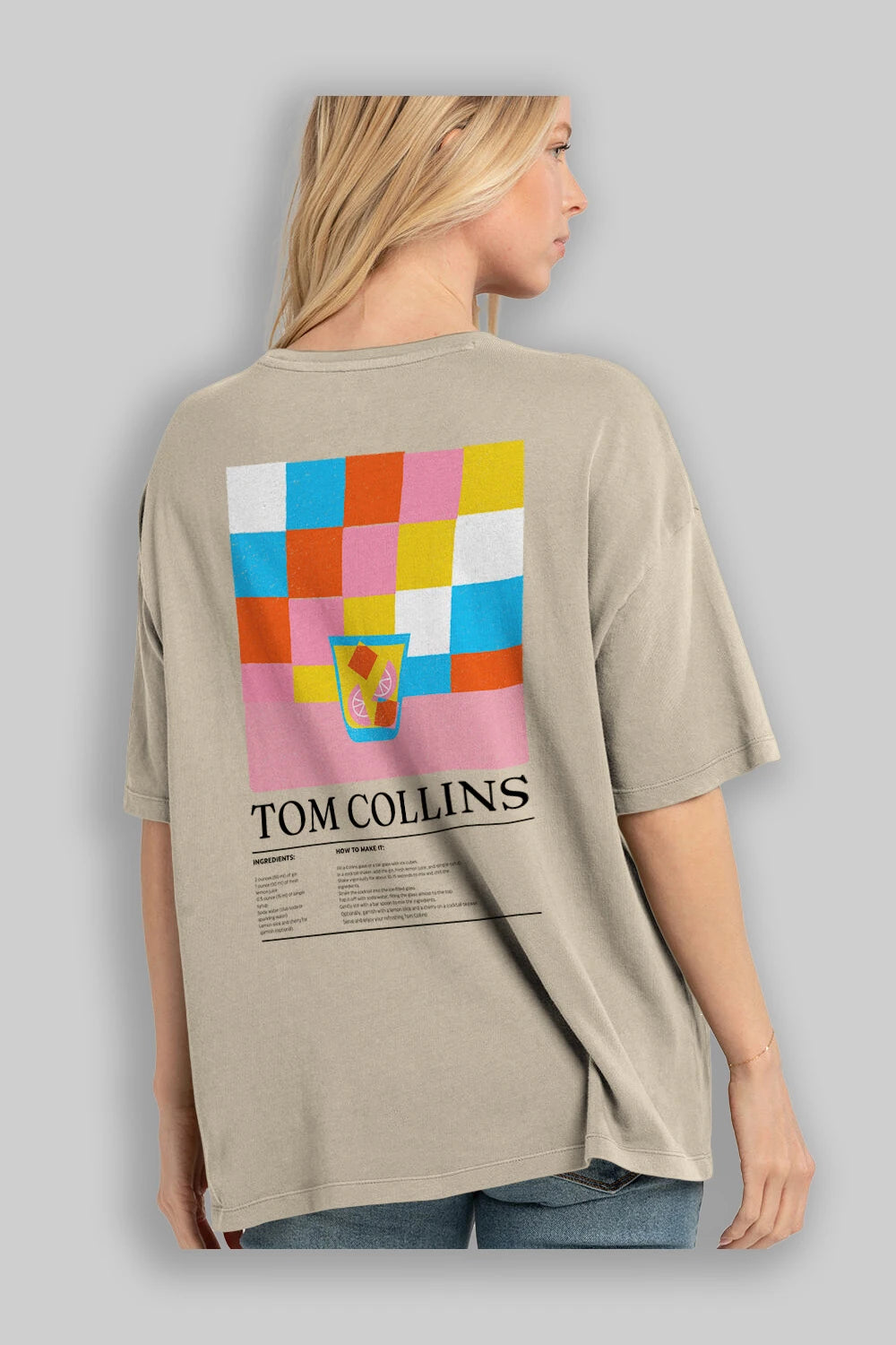 Tom Collins Kokteyl Serisi Arka Baskılı Oversize t-shirt Erkek Kadın %100 Pamuk Bisiklet Yaka tişort
