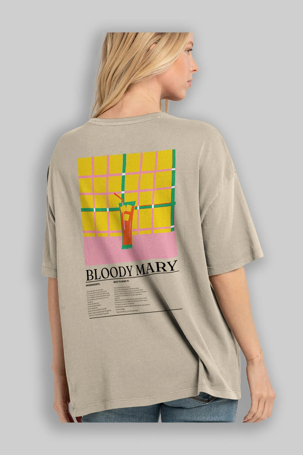 Bloody Mary Kokteyl Serisi Arka Baskılı Oversize t-shirt Erkek Kadın %100 Pamuk Bisiklet Yaka tişort