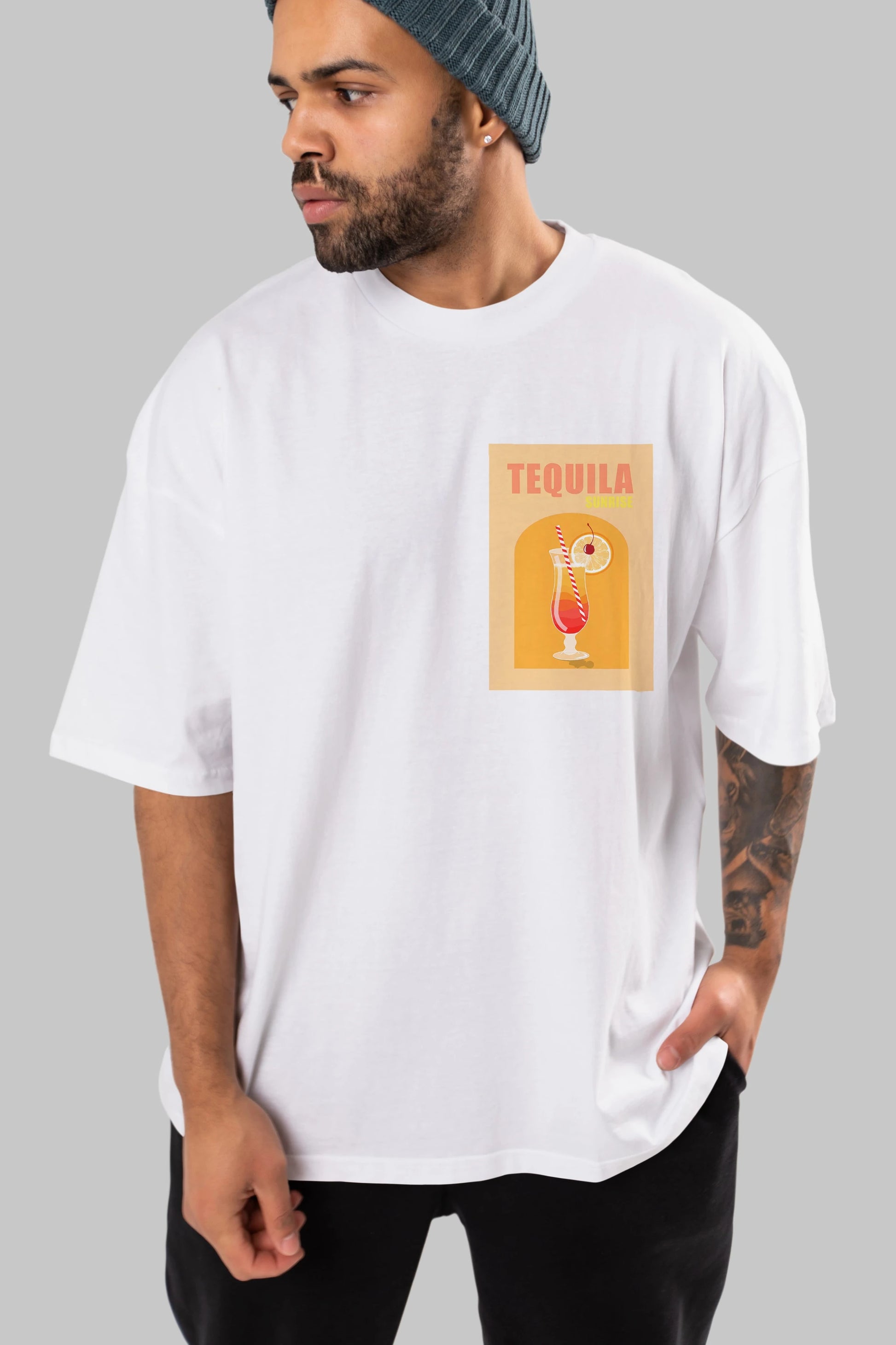Tequila Sunrise Ön Sol Baskılı Oversize t-shirt Erkek Kadın Unisex %100 Pamuk Bisiklet Yaka tişort