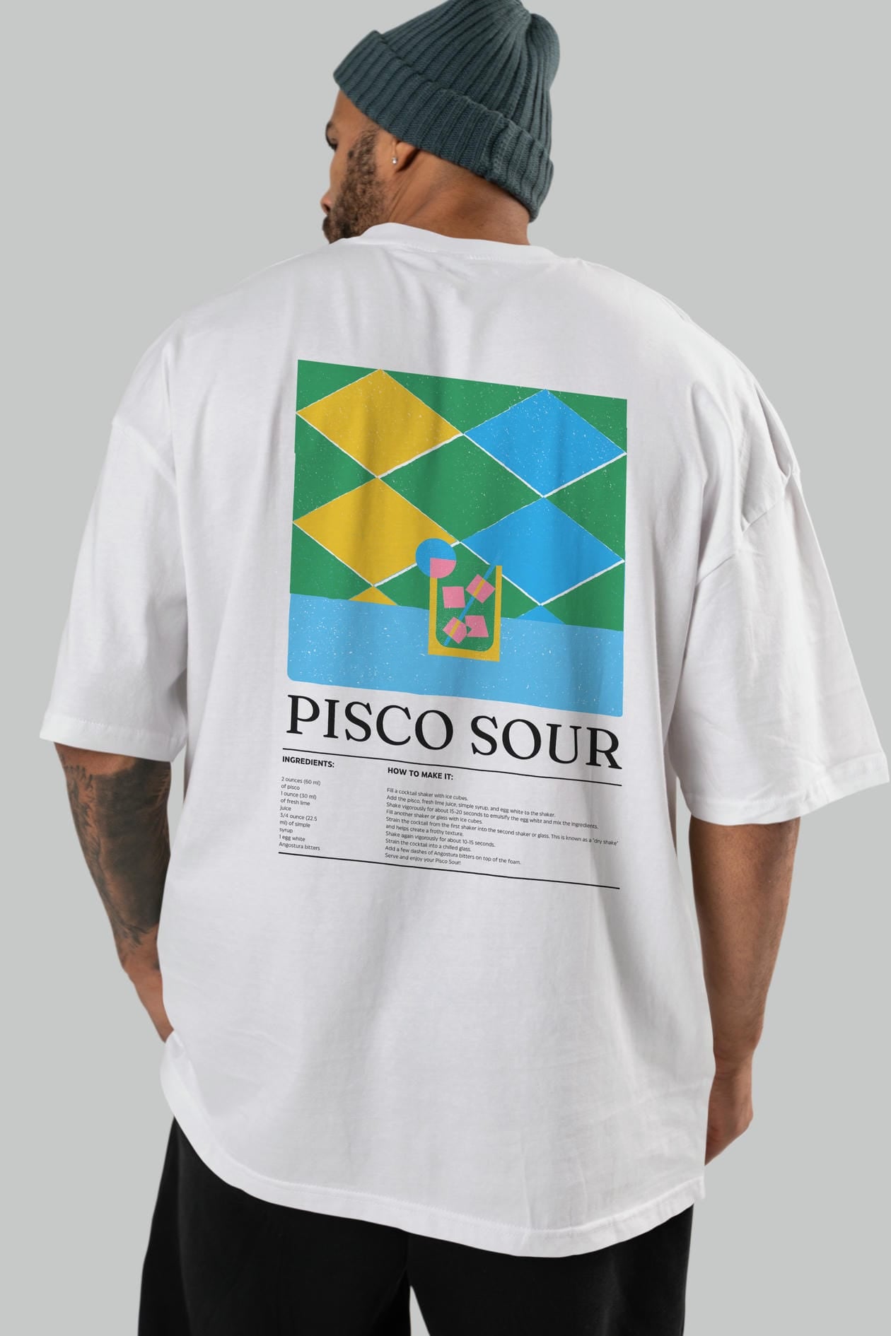 Pisco Sour Kokteyl Serisi Arka Baskılı Oversize t-shirt Erkek Kadın %100 Pamuk Bisiklet Yaka tişort