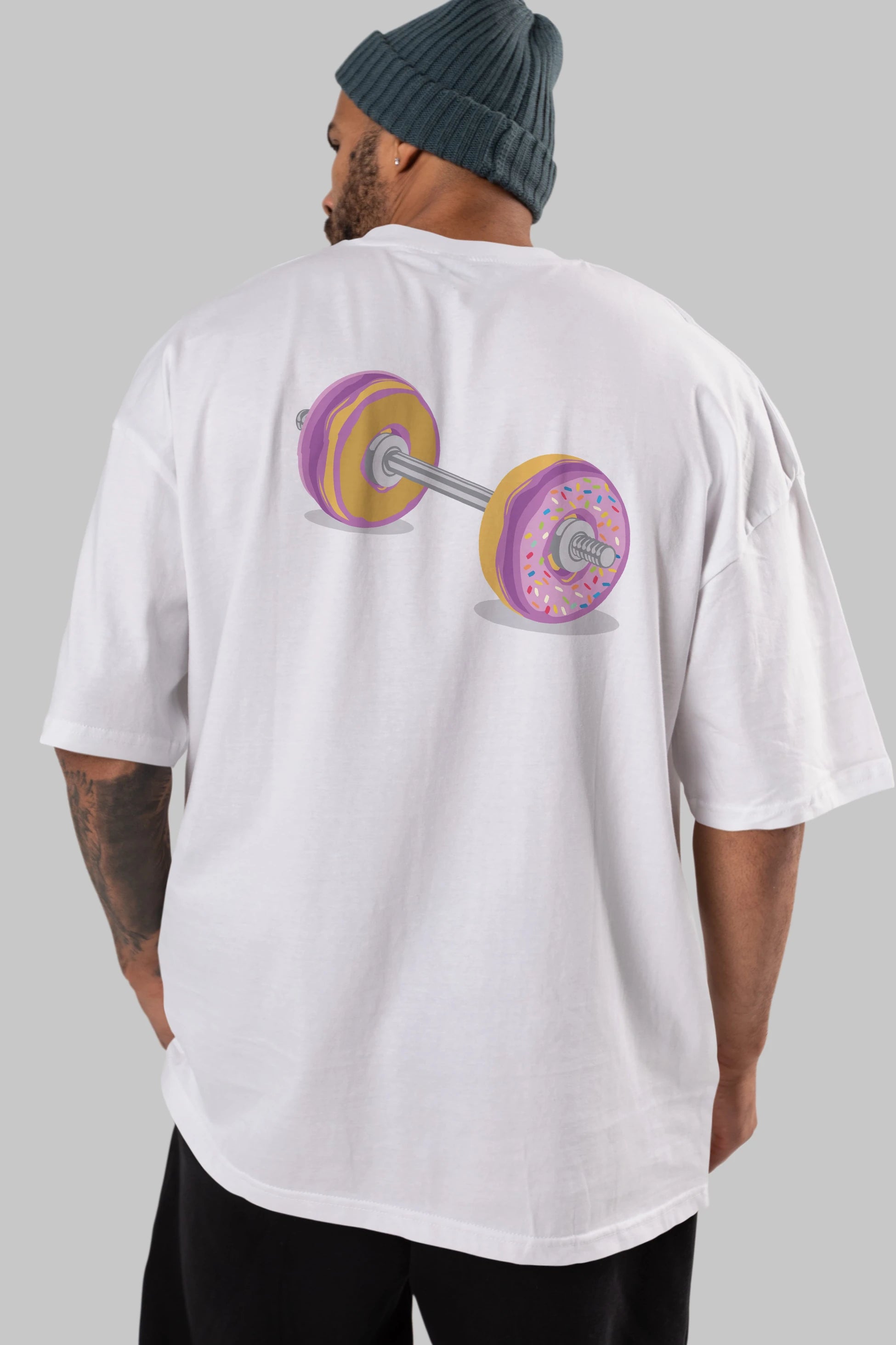 Donut Barbell Arka Baskılı Oversize t-shirt %100 pamuk Erkek Kadın Unisex