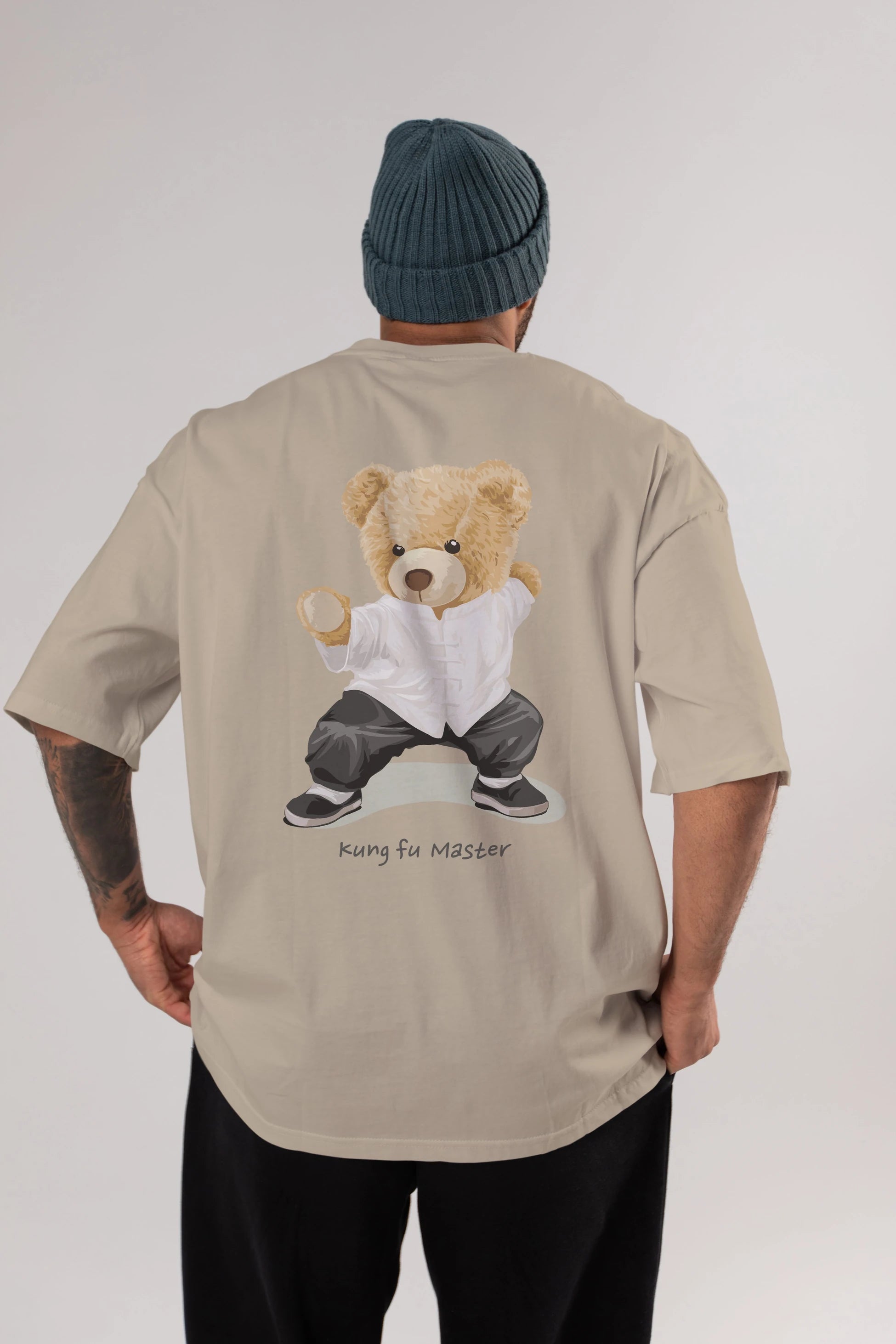 Teddy Bear Kung Fu Master Arka Baskılı Oversize t-shirt Erkek Kadın Unisex %100 Pamuk