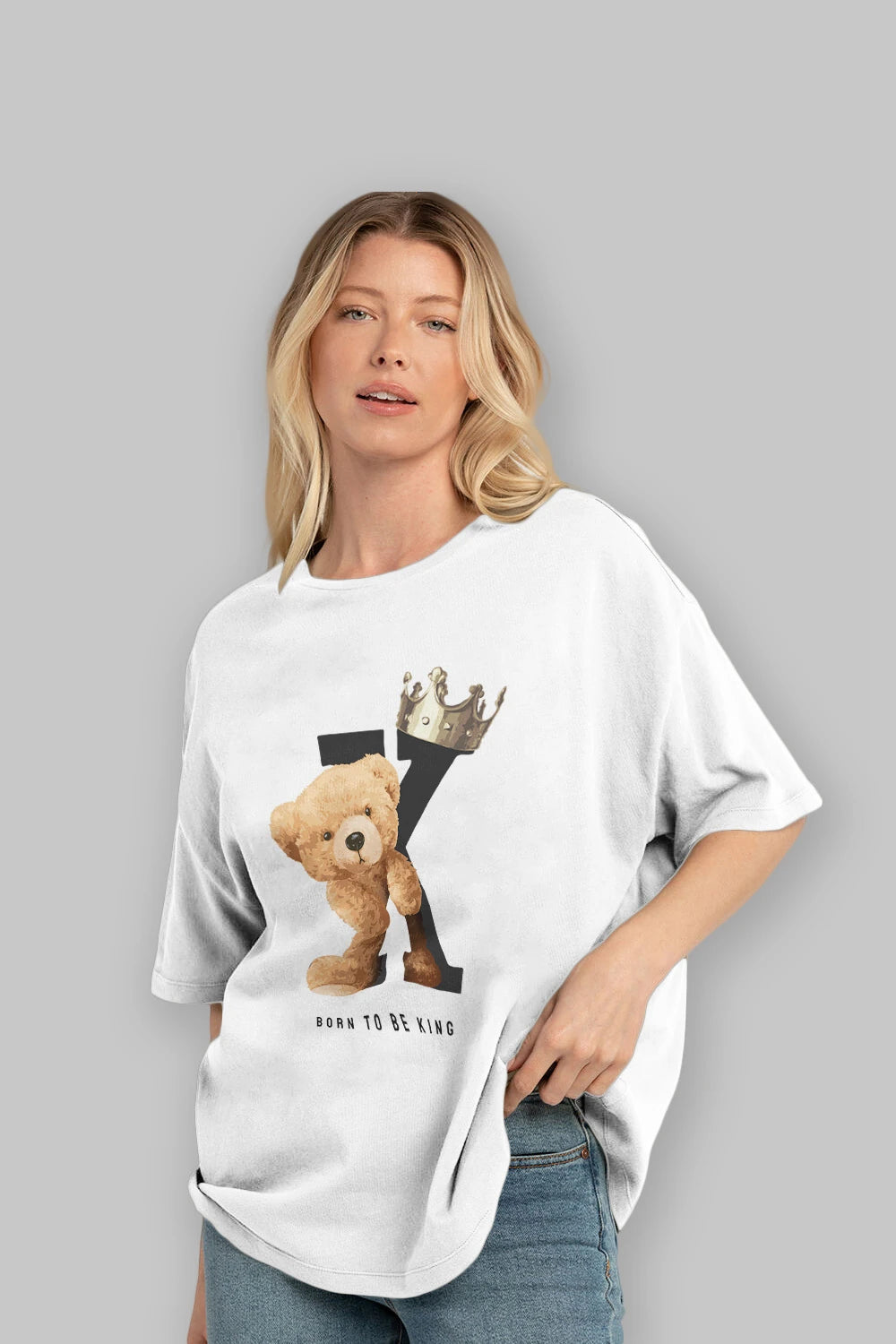 Teddy Bear Born To Be King Ön Baskılı Oversize t-shirt Erkek Kadın Unisex %100 Pamuk