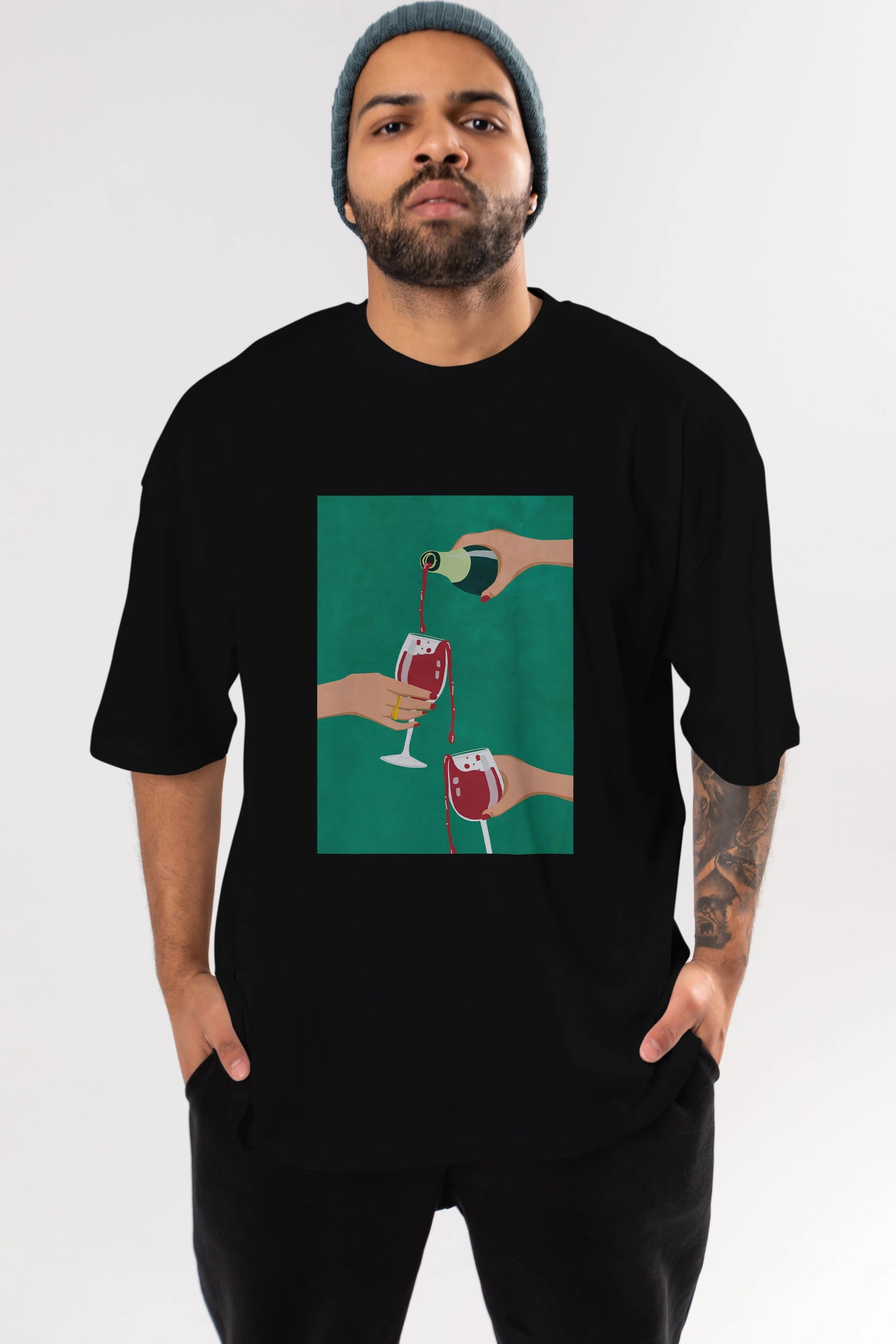 Wine 2 Ön Baskılı Oversize t-shirt Erkek Kadın Unisex %100 Pamuk Bisiklet Yaka tişort