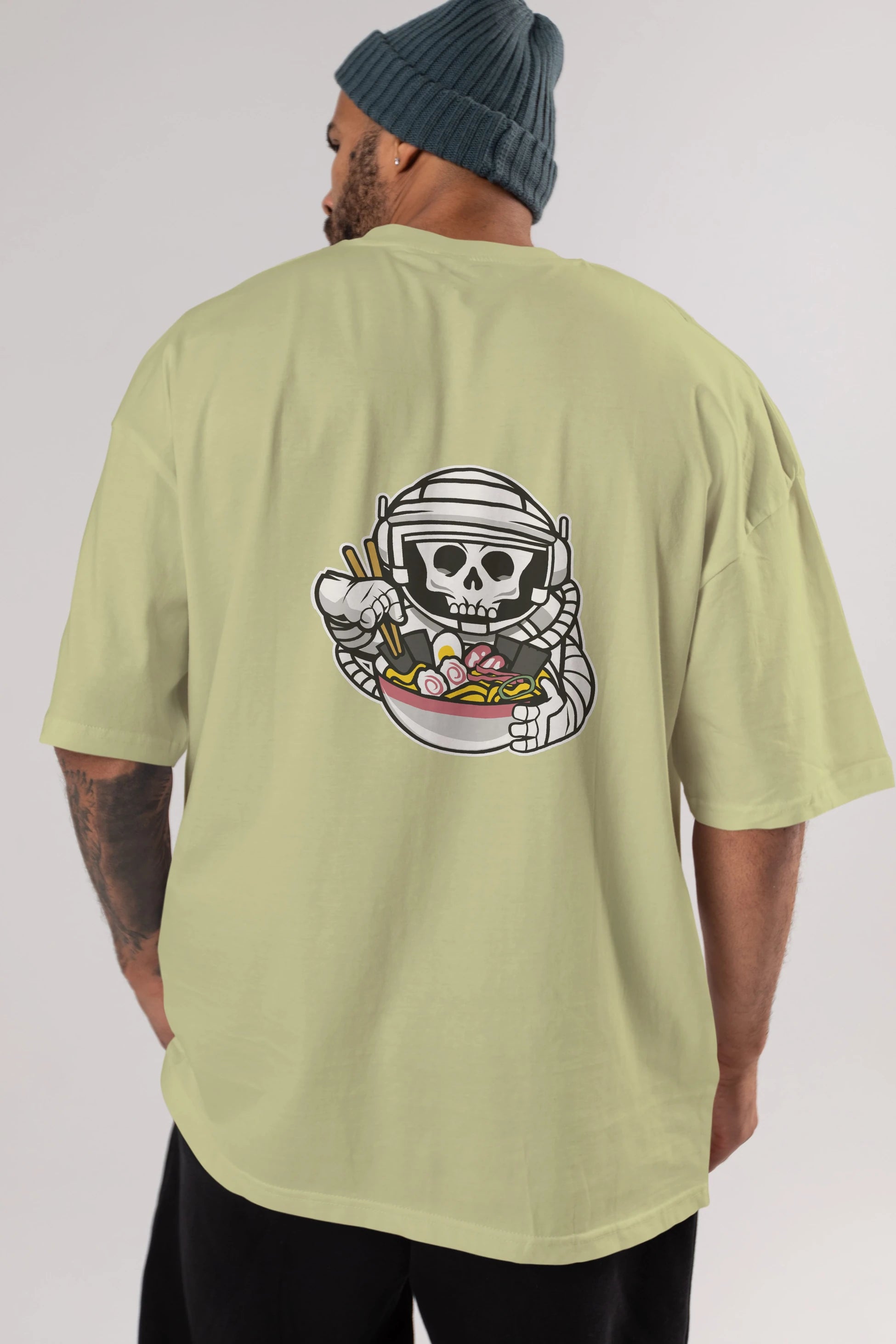 Astronaut Ramen Arka Baskılı Oversize t-shirt Erkek Kadın Unisex %100 Pamuk tişort