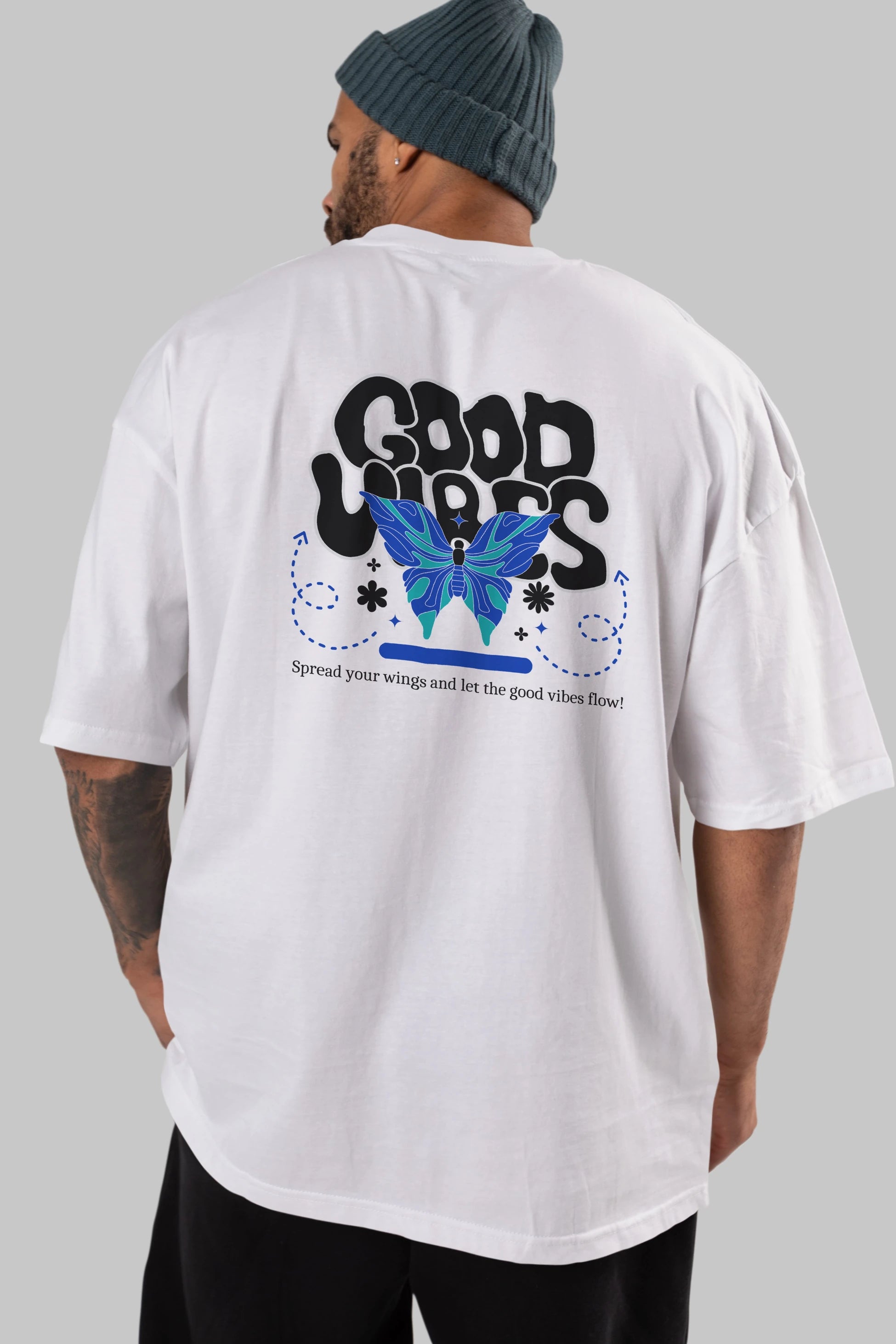 Good Vibes Yazılı 4 Arka Baskılı Oversize t-shirt Erkek Kadın Unisex