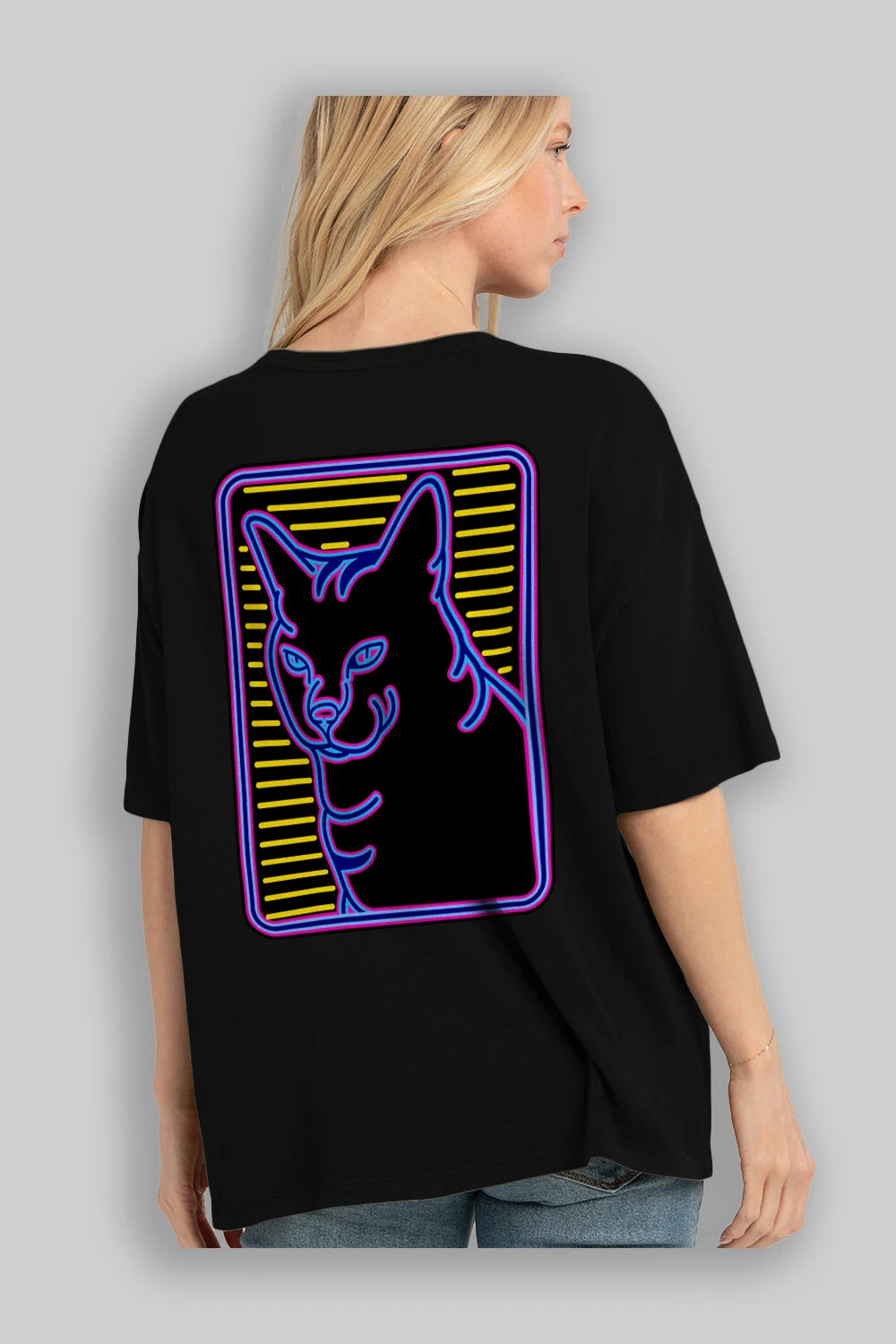 Neon Cat Arka Baskılı Oversize t-shirt Erkek Kadın Unisex