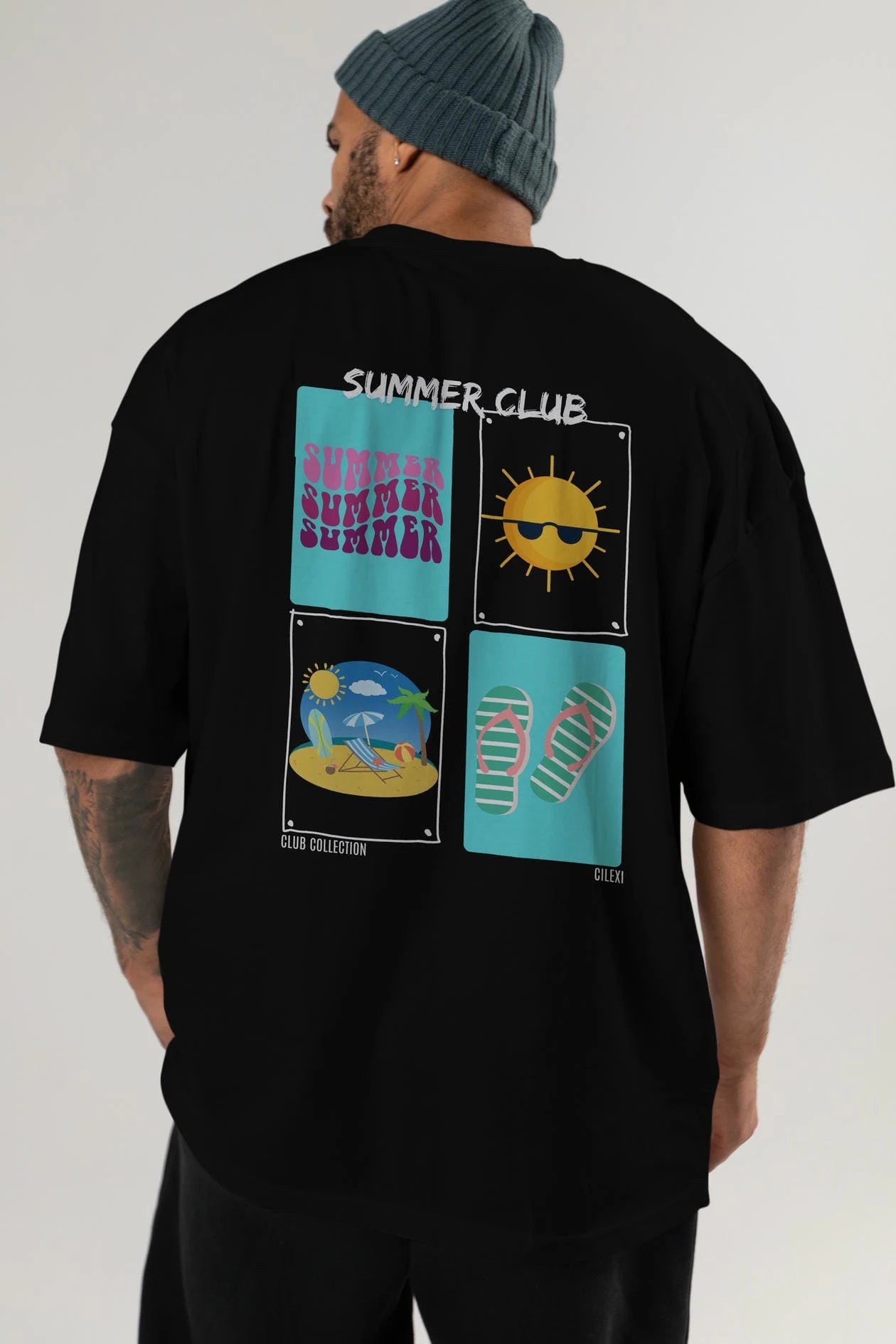 Summer Club Arka Baskılı Oversize t-shirt Erkek Kadın %100 Pamuk Bisiklet Yaka tişort