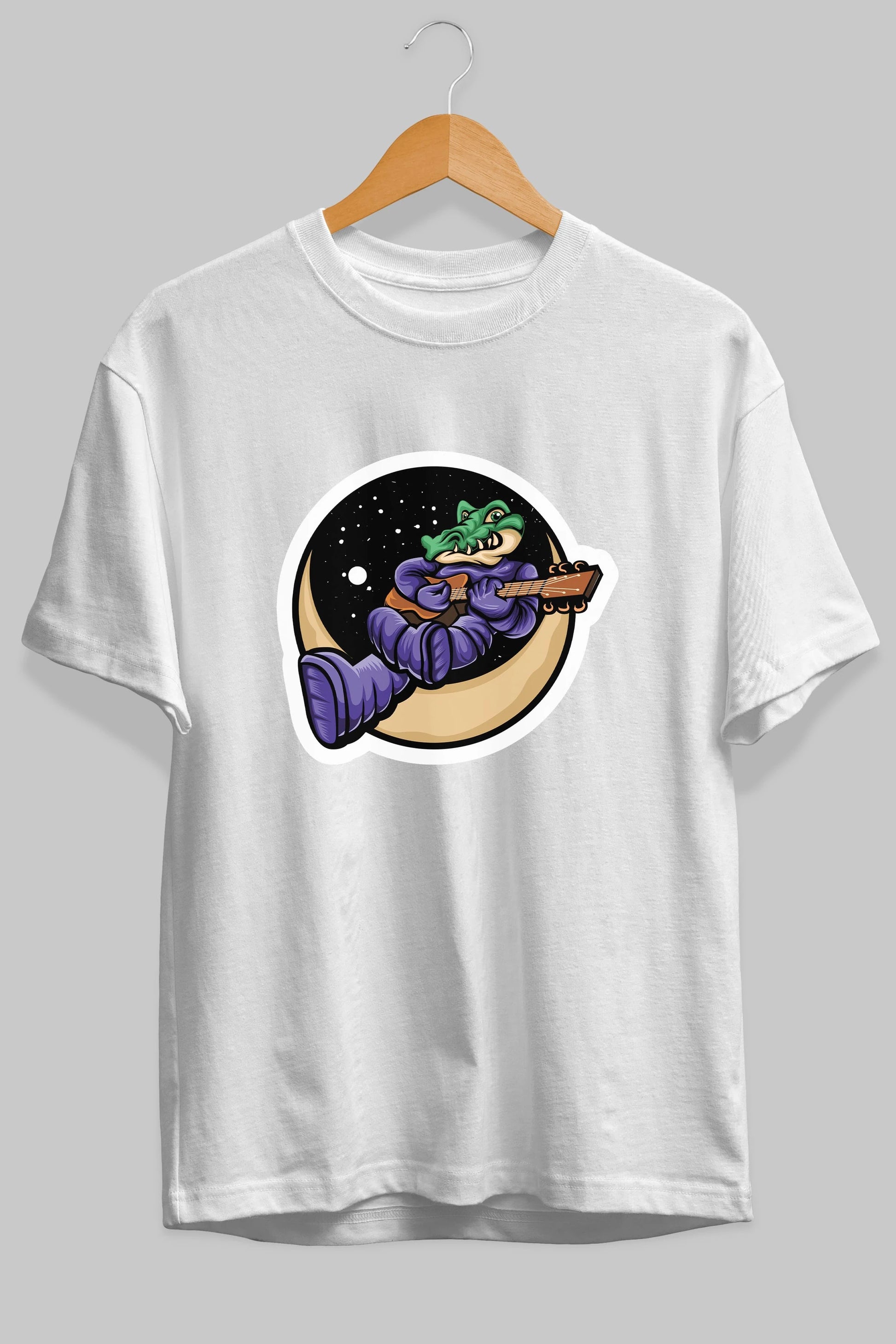 Space Crocodile Sticker Ön Baskılı Oversize t-shirt Erkek Kadın Unisex