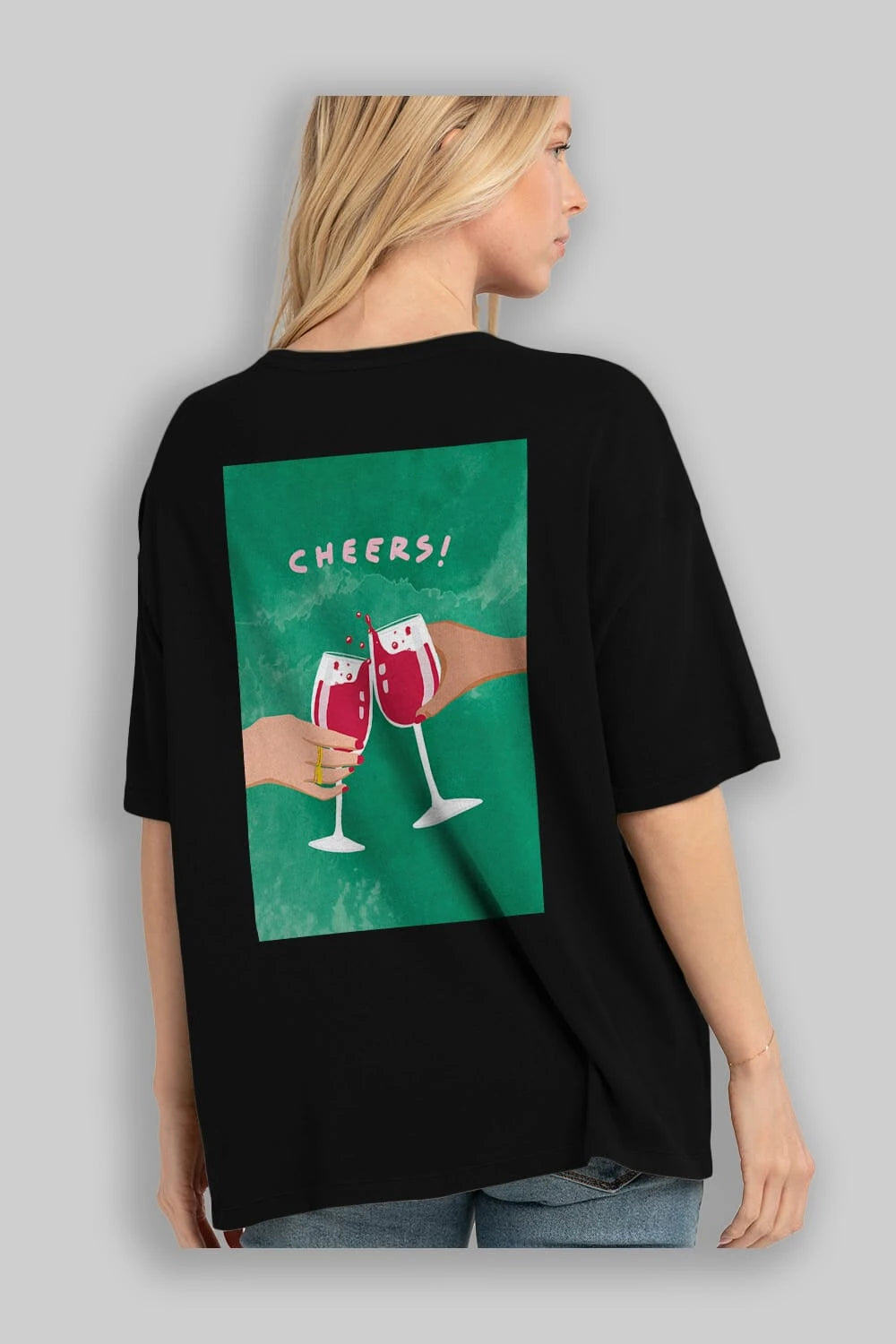 Cheers Arka Baskılı Oversize t-shirt Erkek Kadın Unisex %100 Pamuk Bisiklet Yaka tişort