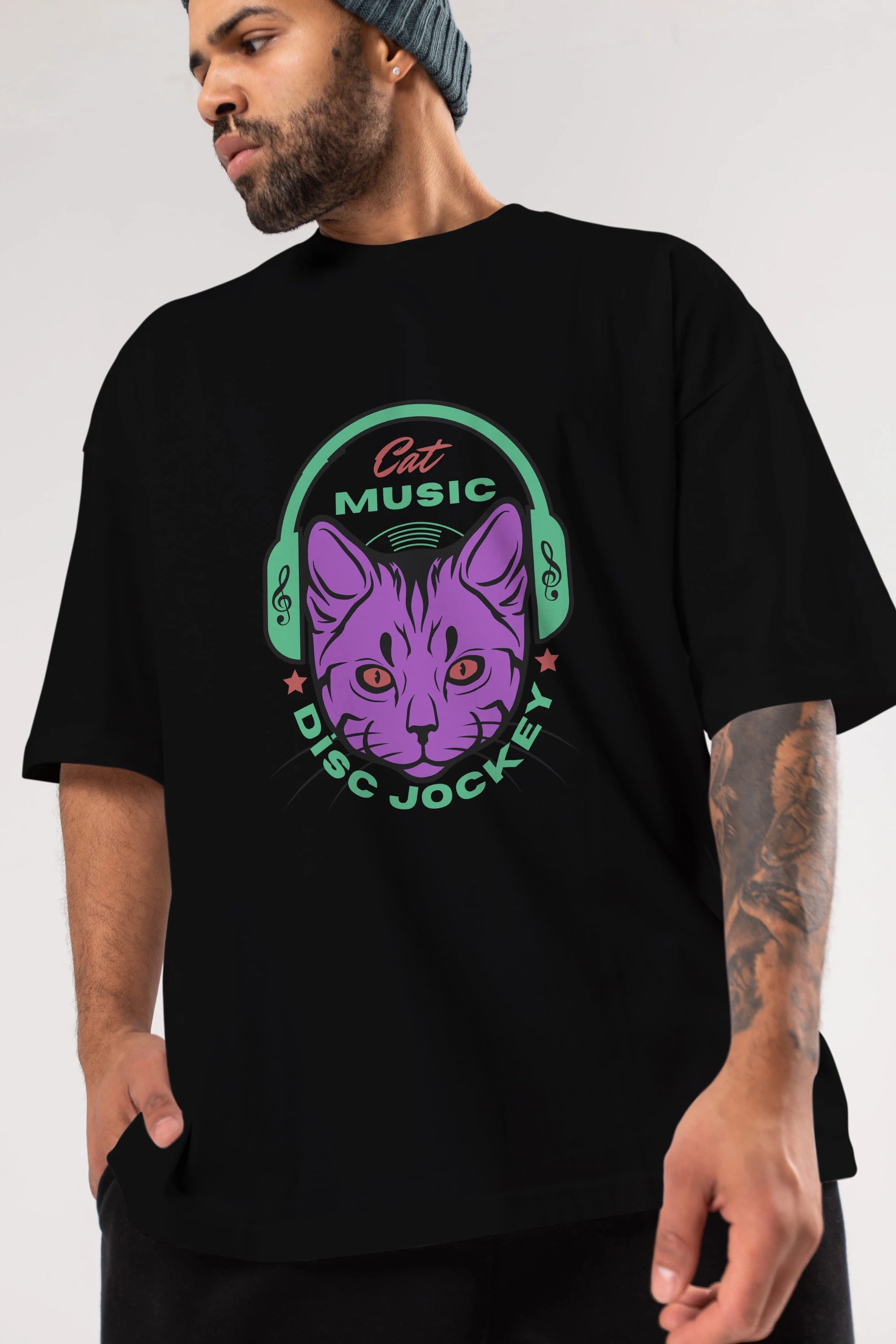 Cat Music Ön Baskılı Oversize t-shirt Erkek Kadın Unisex