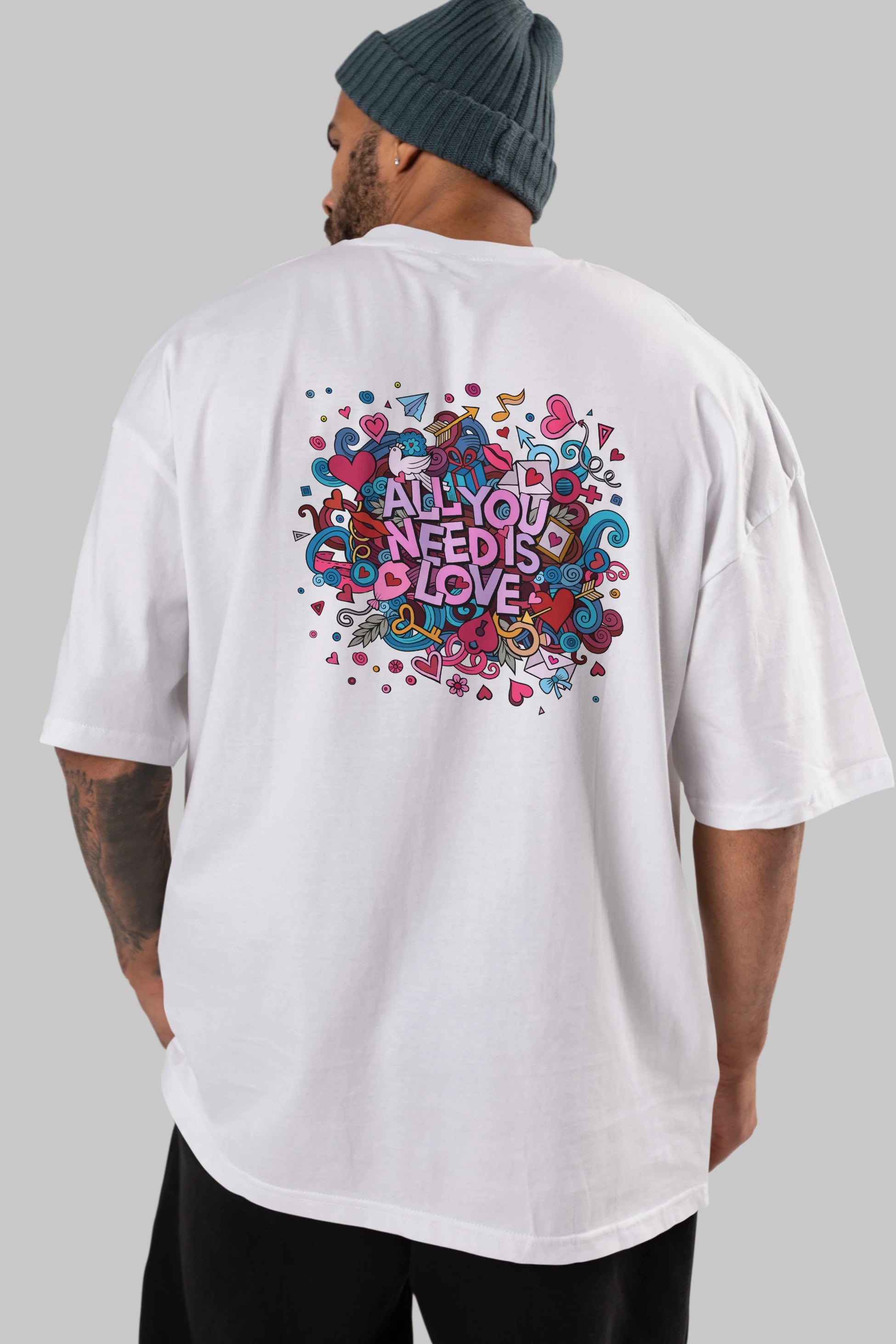 Cute Fun Colorful Heart Art Love Arka Baskılı Oversize t-shirt Erkek Kadın Unisex