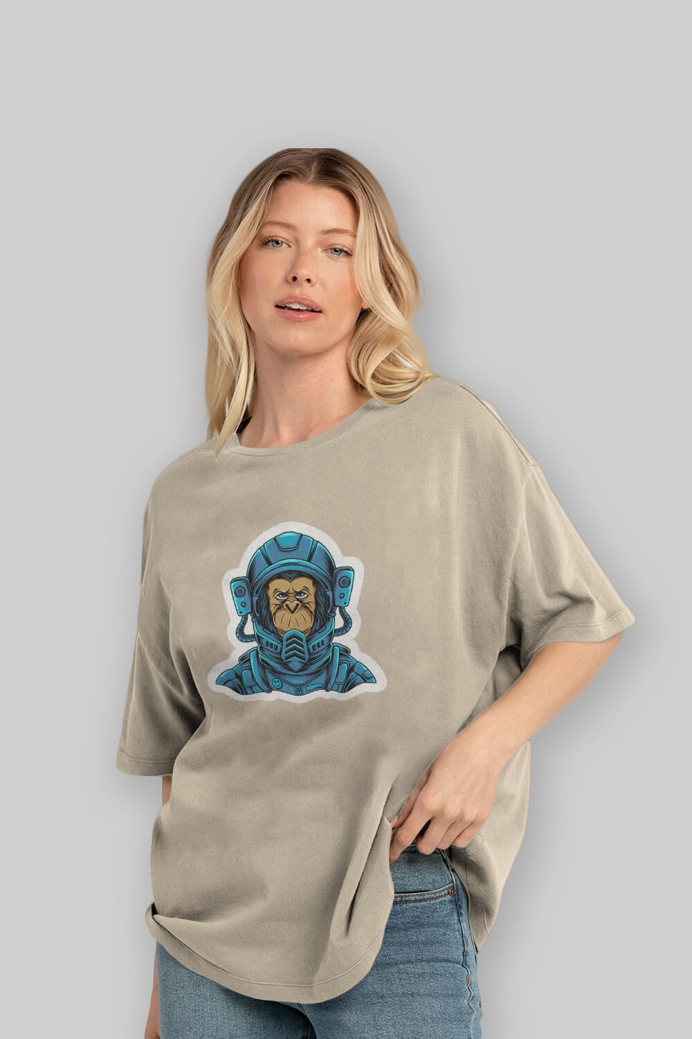 Astromonkey Sticker Ön Baskılı Oversize t-shirt Erkek Kadın Unisex