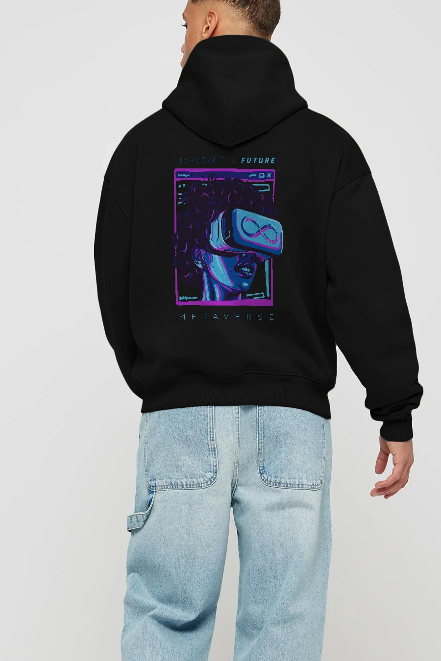Metaverse Arka Baskılı Hoodie Oversize Kapüşonlu Sweatshirt Erkek Kadın Unisex