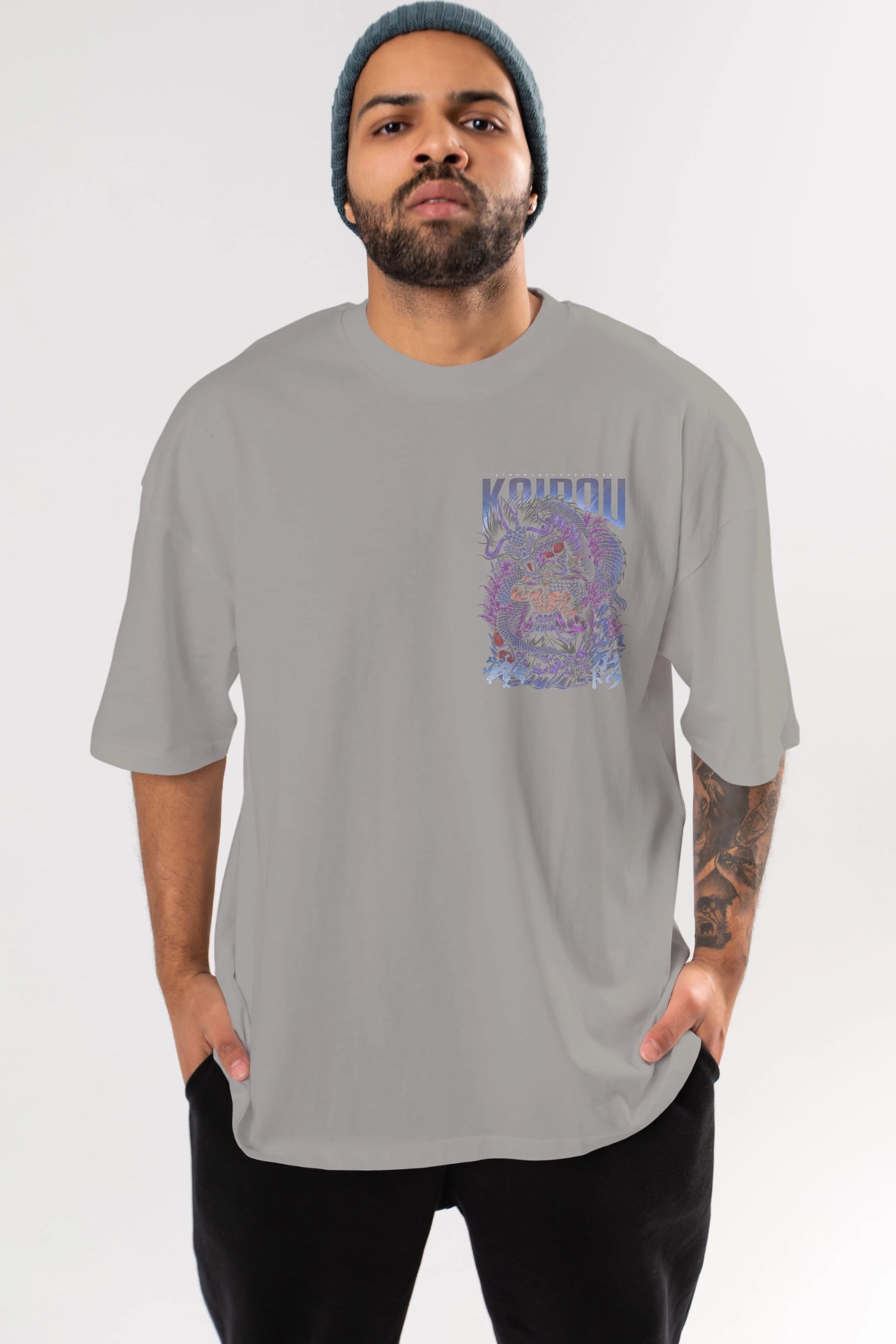 KAIDOU ONE PIECE Ön Sol Baskılı Oversize t-shirt Erkek Kadın Unisex %100 Pamuk Bisiklet Yaka tişort