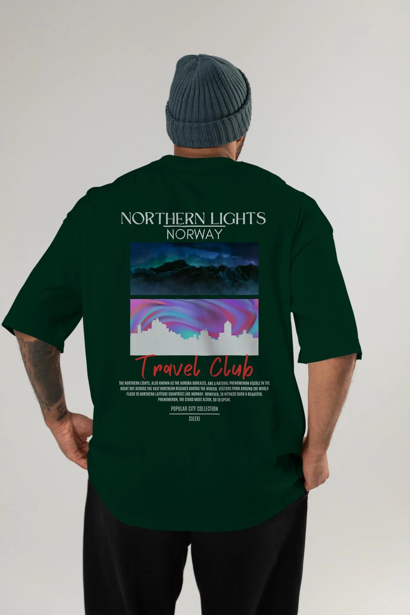 Northern Lights Norway Arka Baskılı Oversize t-shirt Erkek Kadın Pamuk Bisiklet Yaka tişort