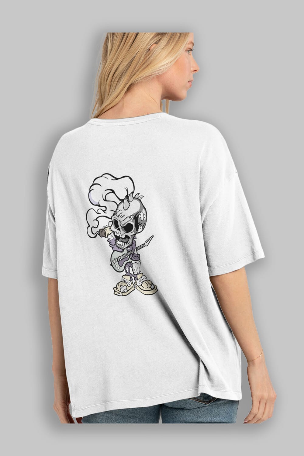 Skull Smoker Punk Rocker Arka Baskılı Oversize t-shirt Erkek Kadın Unisex %100 Pamuk tişort