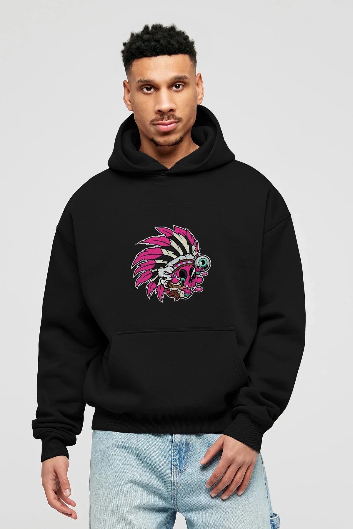 Skull Indian Ön Baskılı Hoodie Oversize Kapüşonlu Sweatshirt Erkek Kadın Unisex