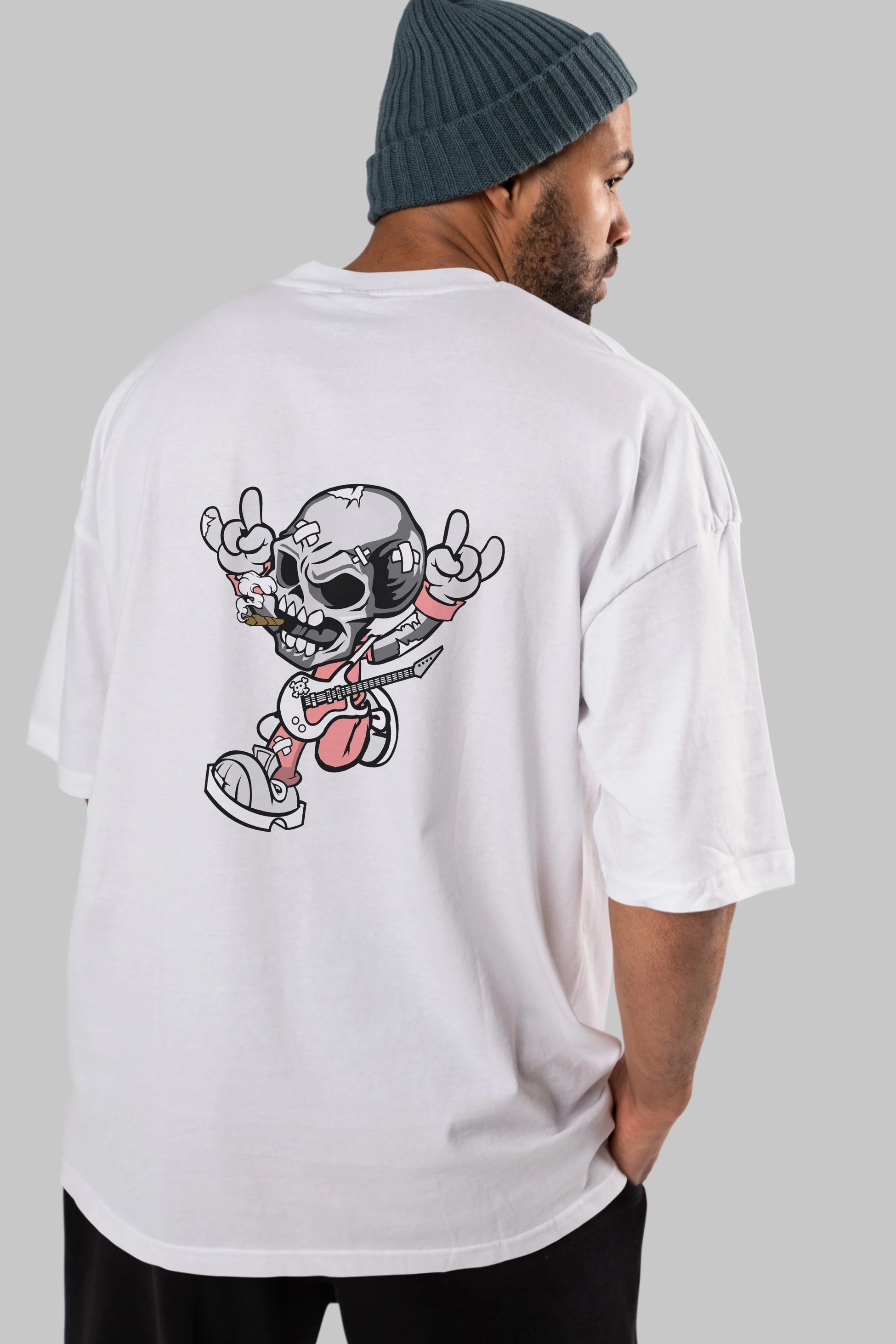 Skull Metal Sign Arka Baskılı Oversize t-shirt Erkek Kadın Unisex %100 Pamuk tişort