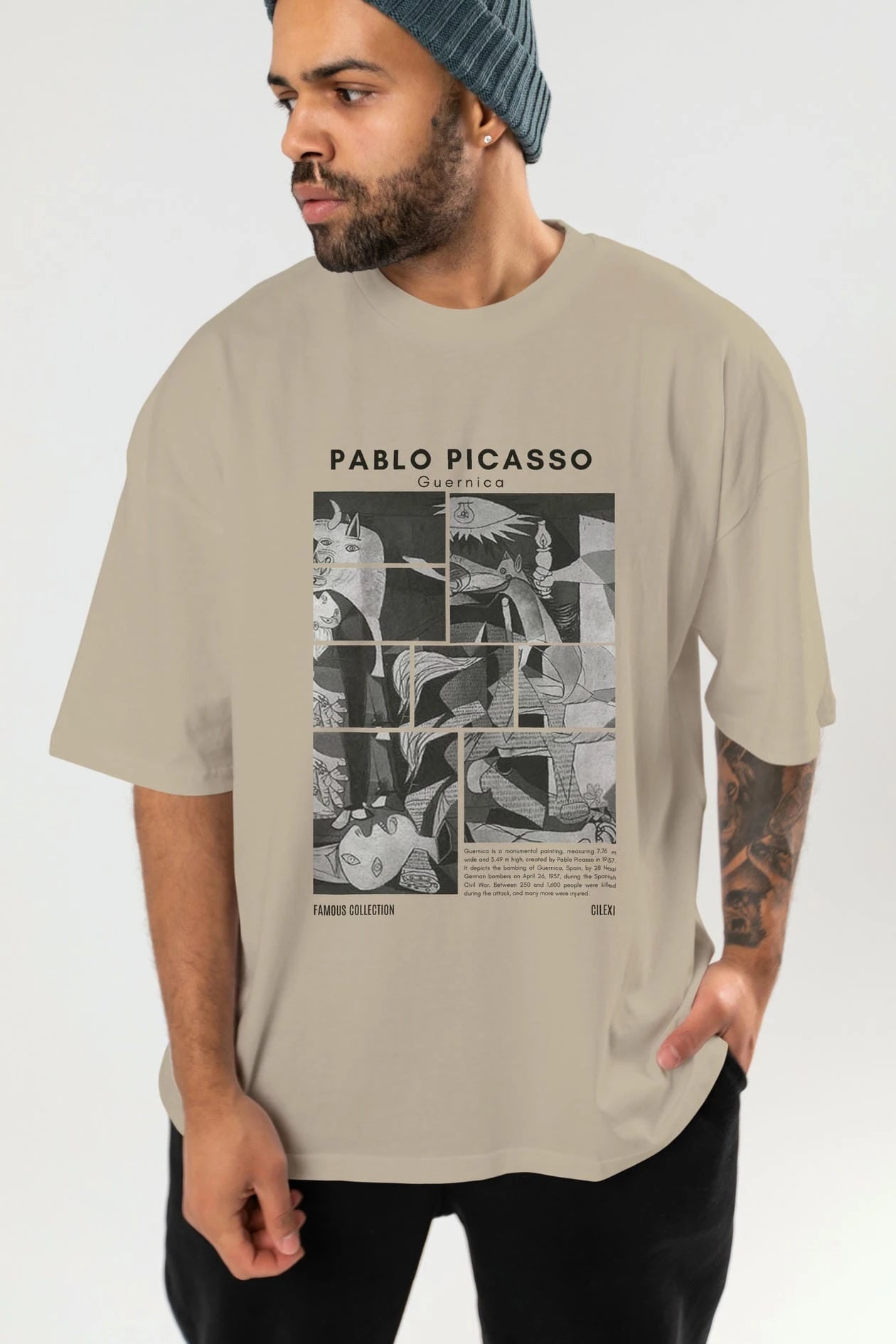 Pablo Picasso Guernica ön Baskılı Oversize t-shirt Erkek Kadın Bisiklet Yaka Pamuk tişort