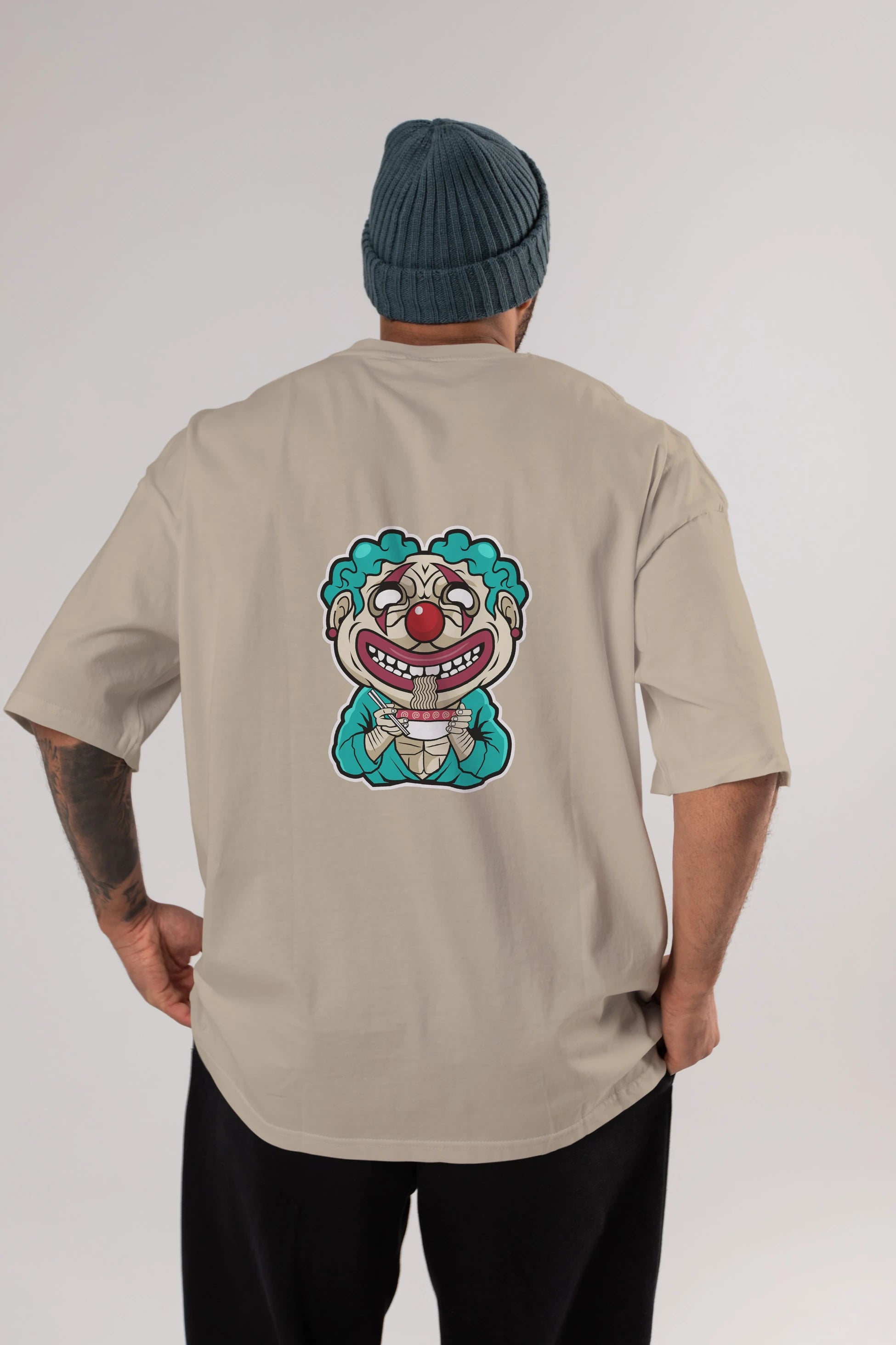 Clown Ramen Arka Baskılı Oversize t-shirt Erkek Kadın Unisex %100 Pamuk tişort