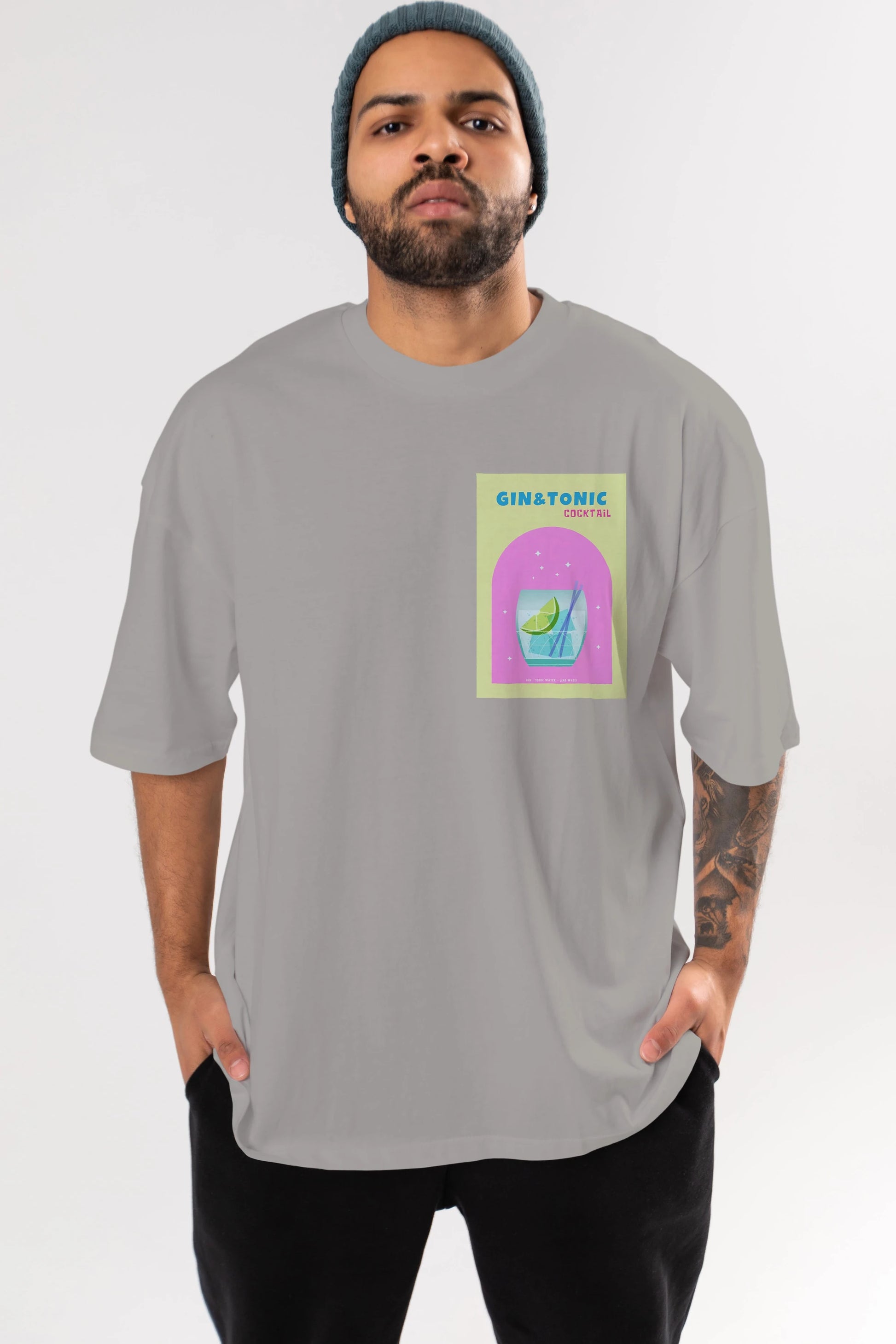Gin Tonic Cocktail Ön Sol Baskılı Oversize t-shirt Erkek Kadın Unisex %100 Pamuk Bisiklet Yaka tişort