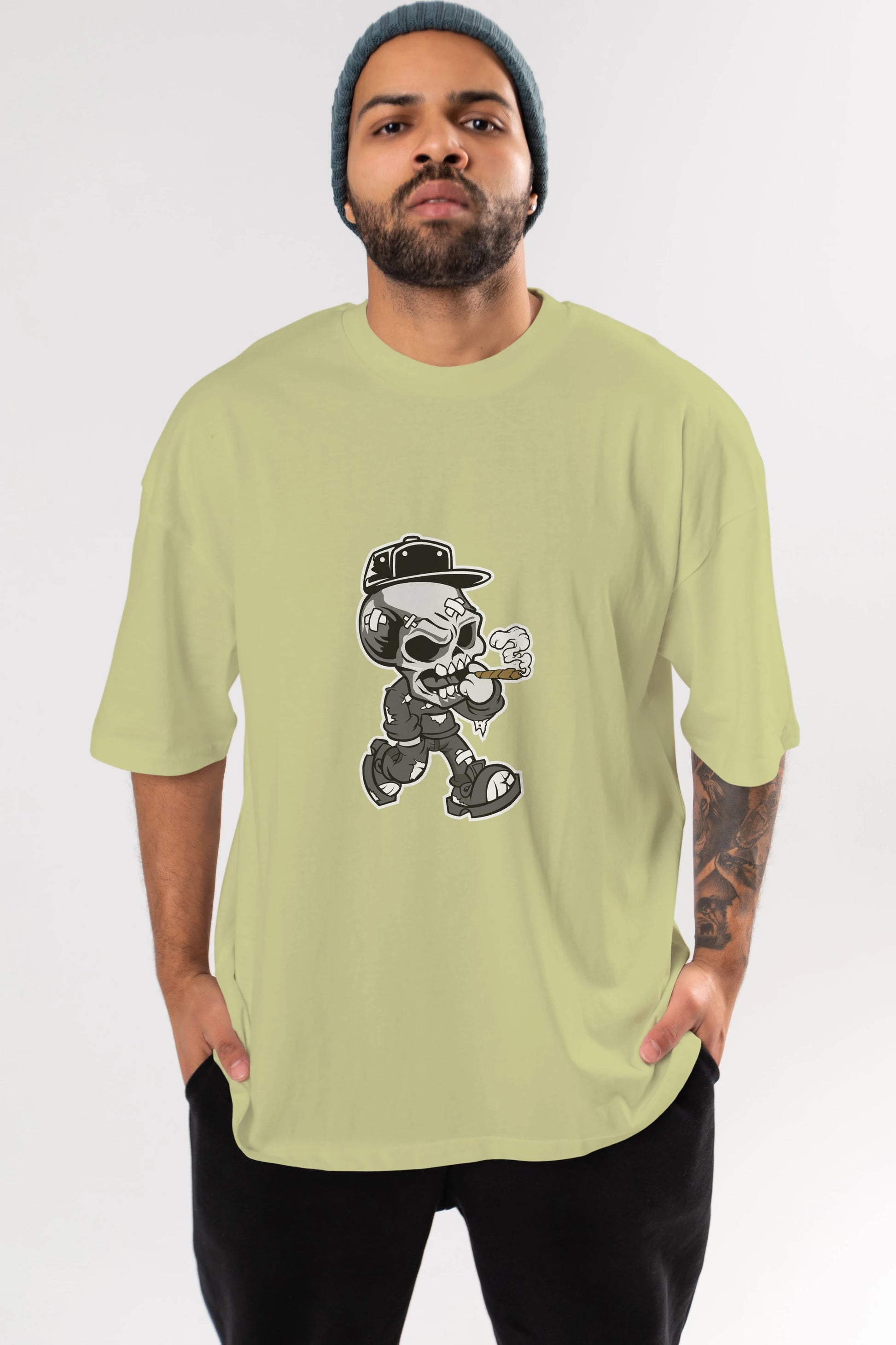Skull Smoker Ön Baskılı Oversize t-shirt Erkek Kadın Unisex %100 Pamuk tişort