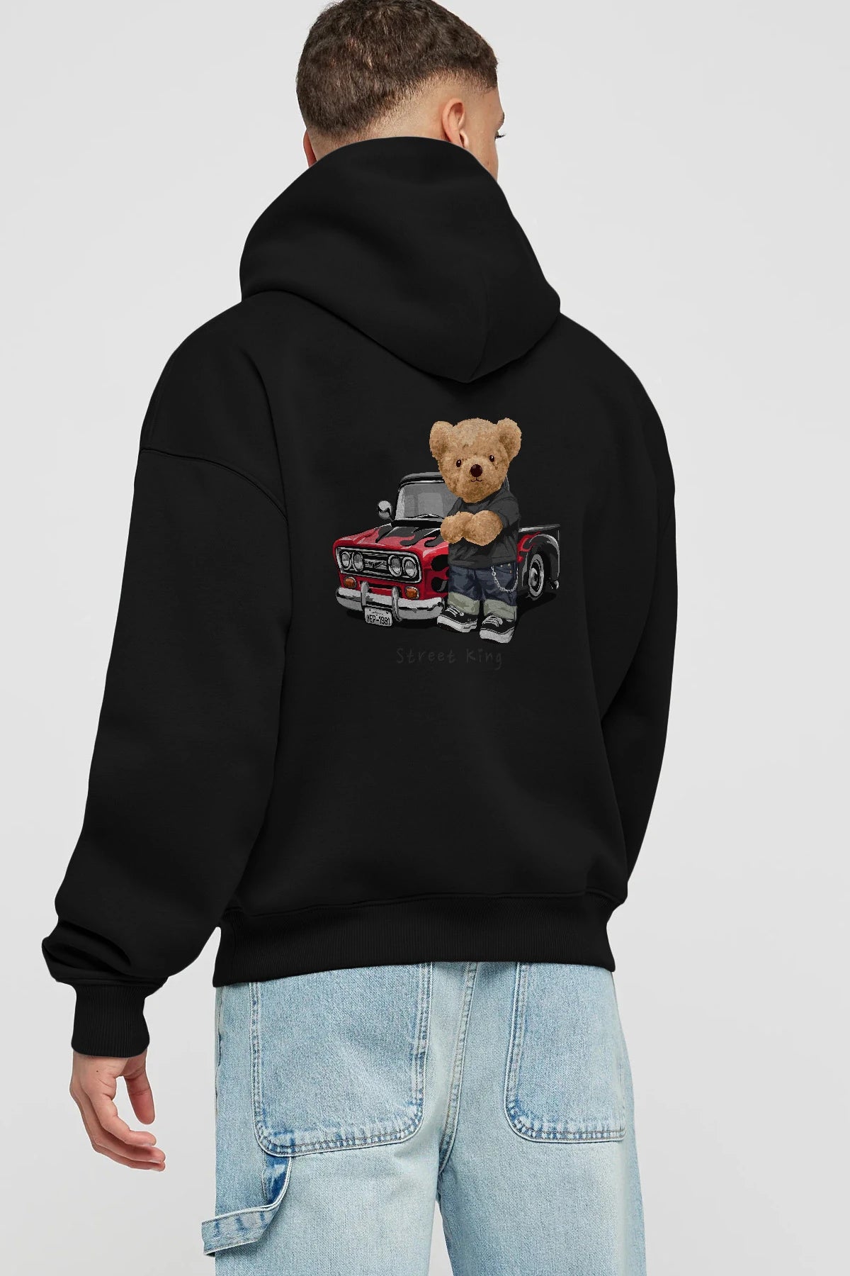 Teddy Bear Street King Arka Baskılı Hoodie Oversize Kapüşonlu Sweatshirt Erkek Kadın Unisex