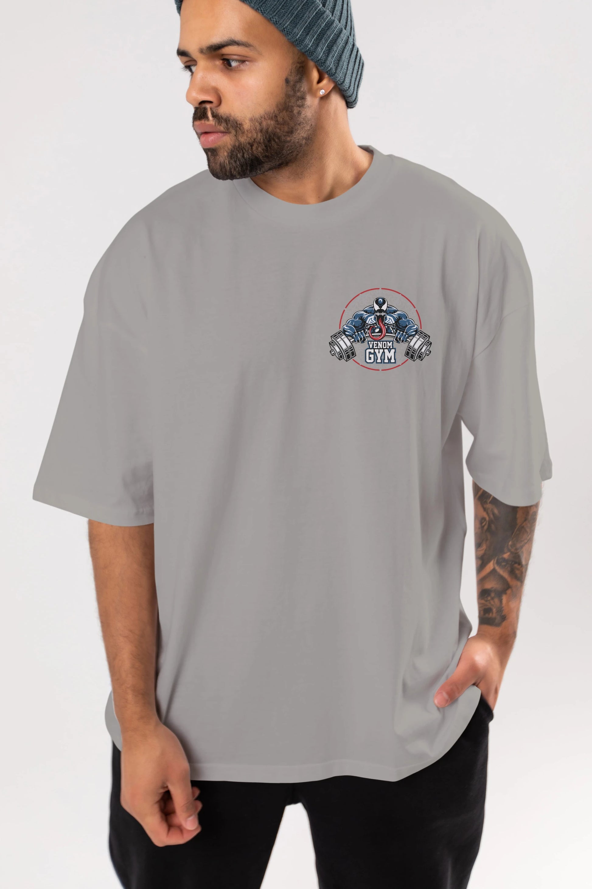 Venom GYM Ön Sol Baskılı Oversize t-shirt Erkek Kadın Unisex %100 Pamuk Bisiklet Yaka tişort