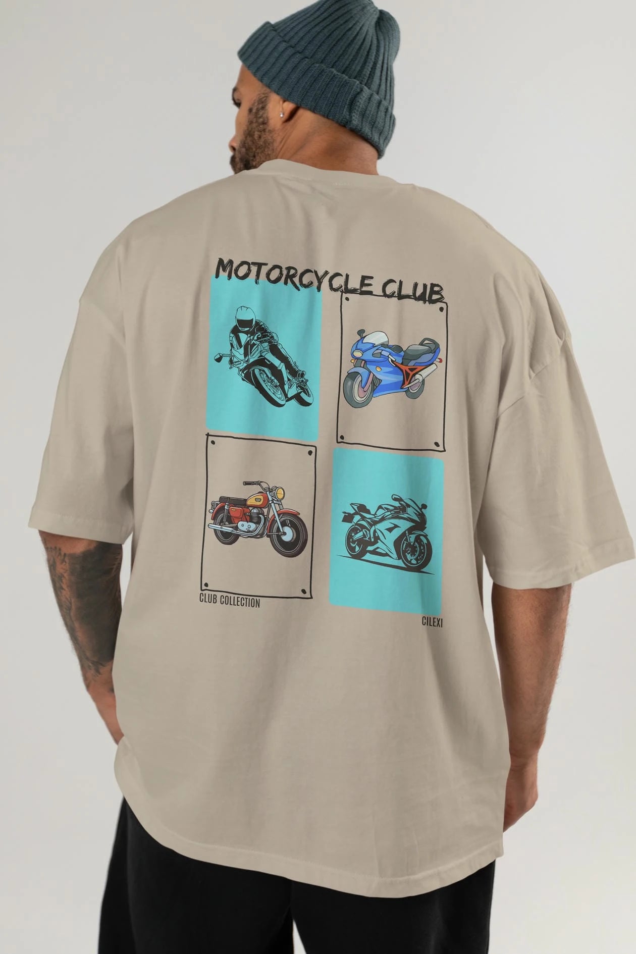 Motorcycle Club Arka Baskılı Oversize t-shirt Erkek Kadın %100 Pamuk Bisiklet Yaka tişort
