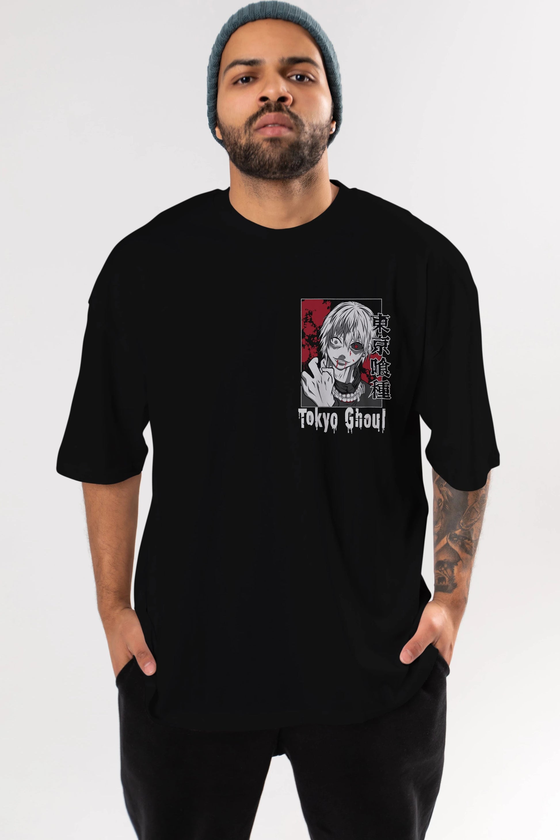 Kaneki Ken TOKYO GHOUL Ön Sol Baskılı Oversize t-shirt Erkek Kadın Unisex %100 Pamuk Bisiklet Yaka tişort