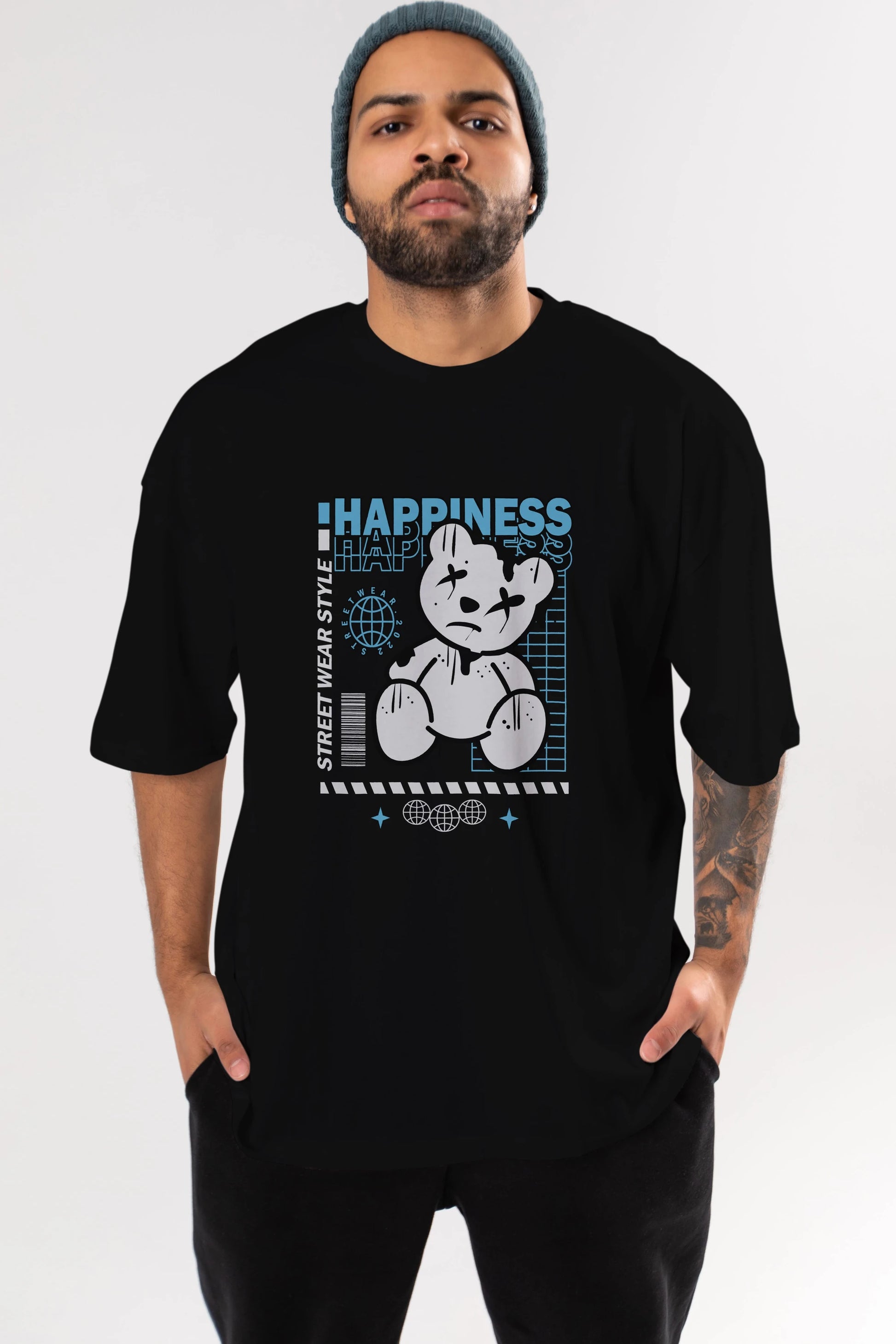 Happiness Bear 2 Ön Baskılı Oversize t-shirt Erkek Kadın Unisex