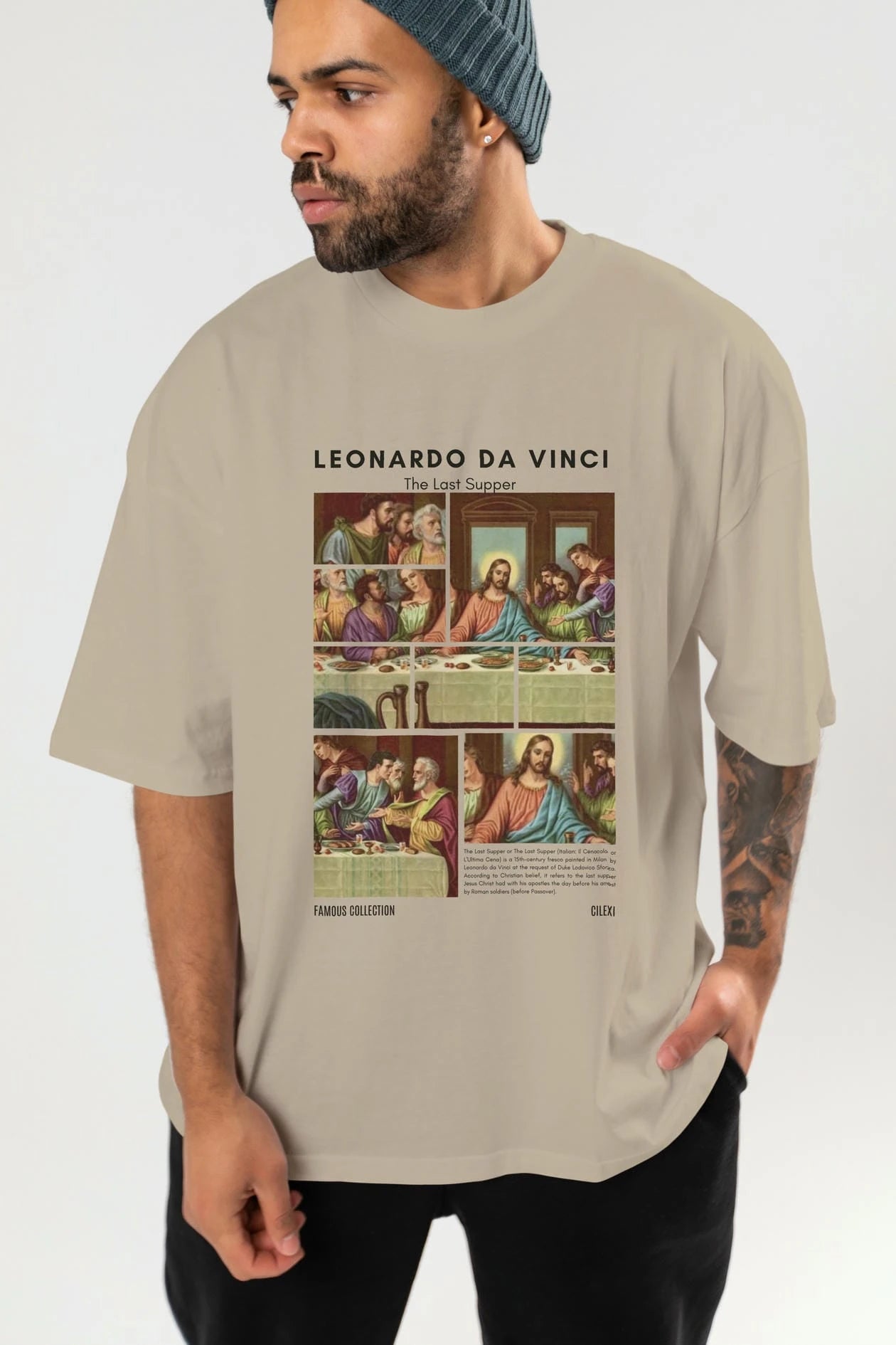 Leonardo Da Vinci ön Baskılı Oversize t-shirt Erkek Kadın Bisiklet Yaka Pamuk tişort